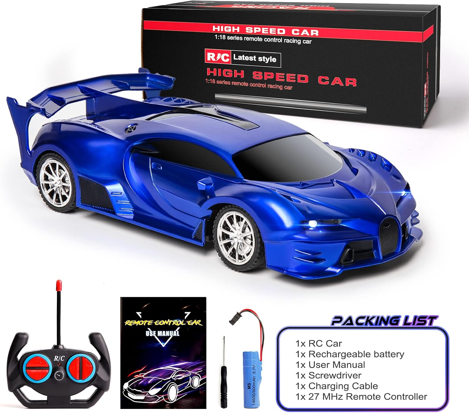KULARIWORLD Remote Control Car 1/18 Rechargeable High Speed RC Cars Toys for Boys Girls Vehicle Racing Hobby with Headlight Xmas Birthday Gifts for Kids (Blue)