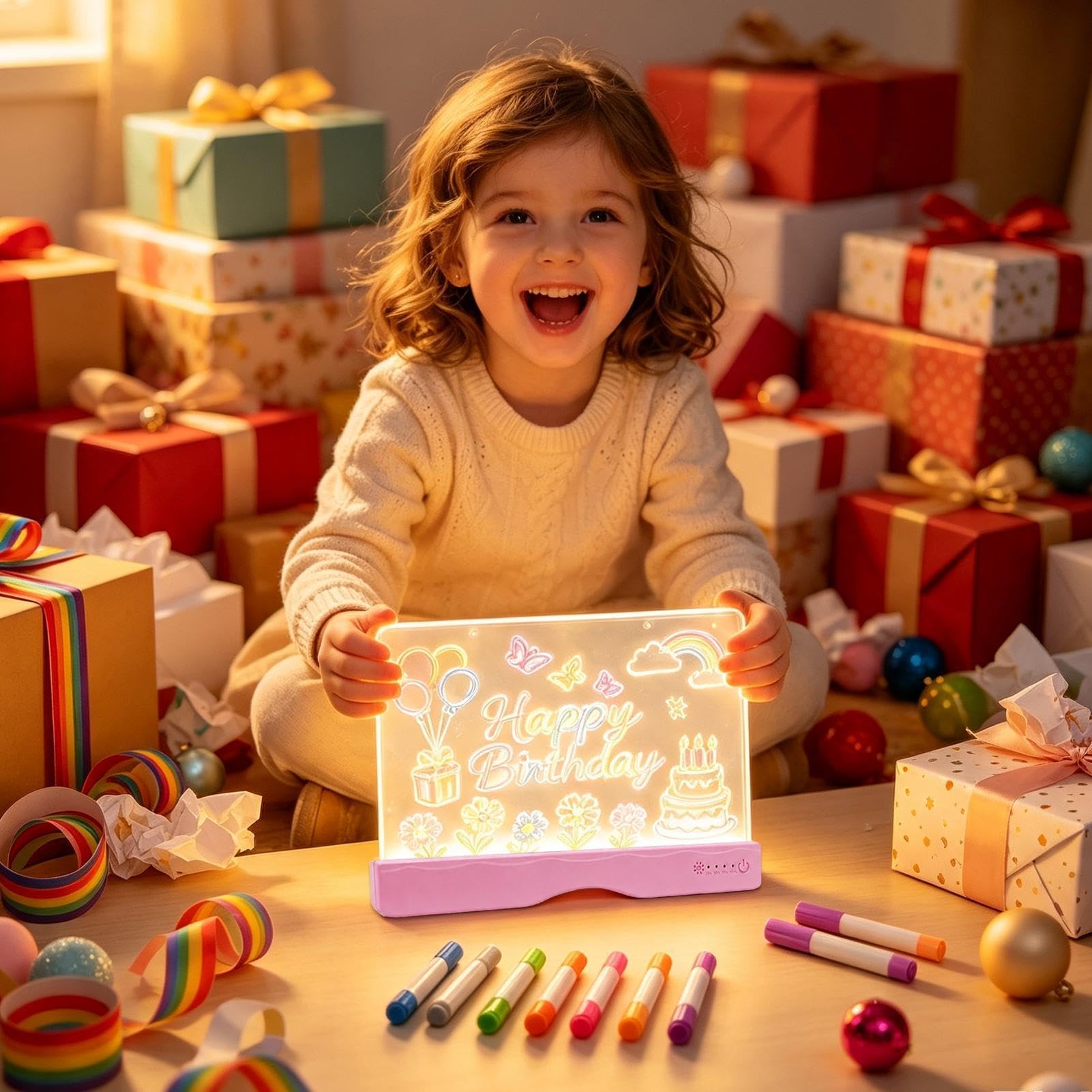 Pizarra de Dibujo Luminosa Tableta de Escritura Recargable con Rotuladores | Panel LED con 13 efectos Para Niños Y Niñas, Escuela, Aula, Hogar, Viaje, Coche Y Avión