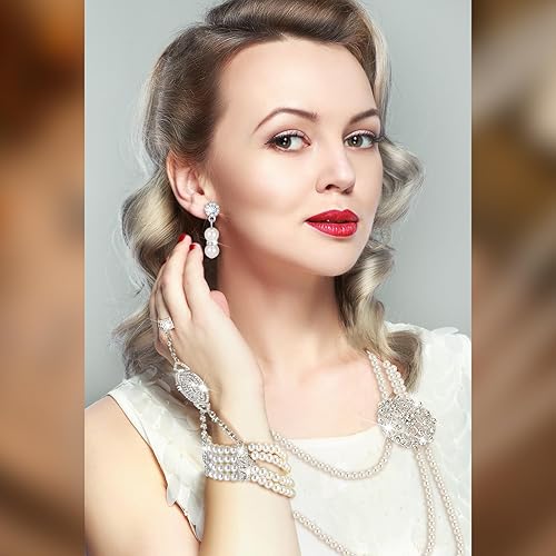 Miniatura 2 de Maitys 3 Pcs 1920s Pearl Jewelry Set Includes Vintage Flapper Earrings Multilayer Imitation Pearl Necklace Bracelet for Women