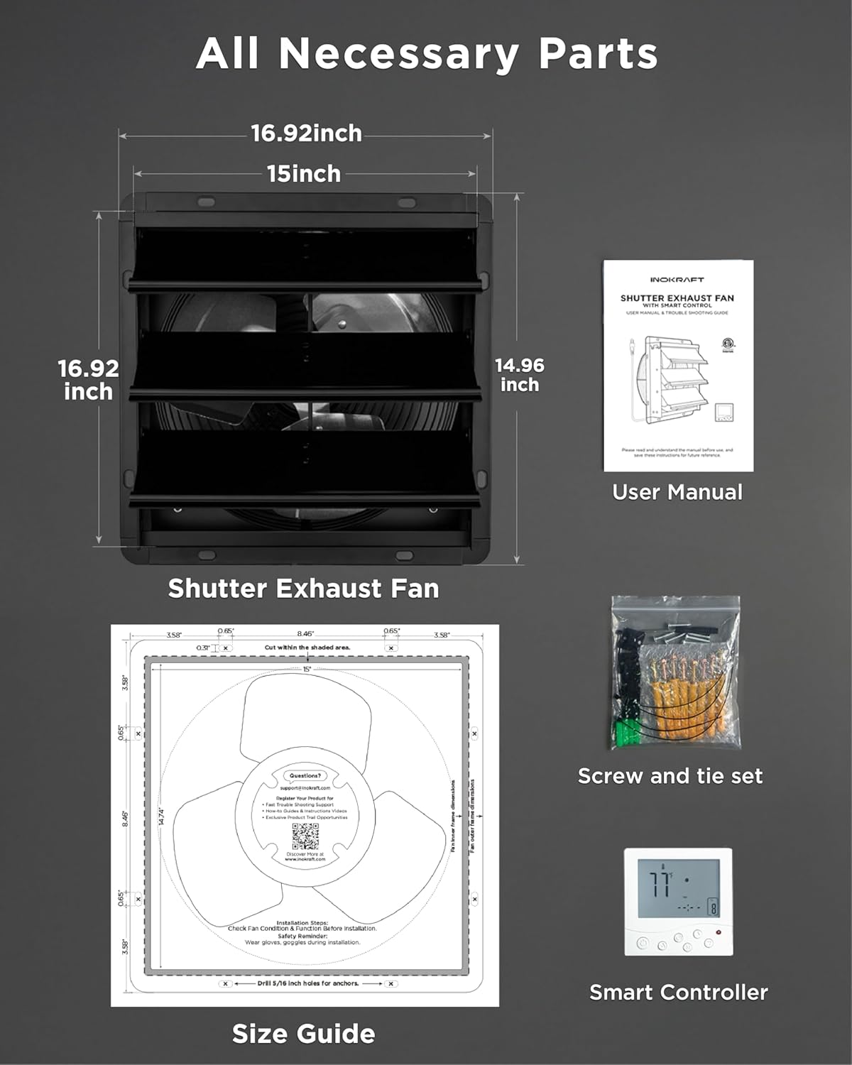 InoKraft Shutter Exhaust Fan with Wireless Control Panel, 14'' Wall Mount Attic Fan with Temperature Controller, 2100 CFM, 8-Speed Adjustable, Ventilation for Attic, Garage, Greenhouse, Chicken Coop
