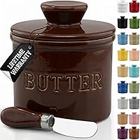 Vista 23 de PriorityChef - Mantequera con tapa con línea de agua, plato de mantequilla francesa de cerámica para dejar en la encimera, color caqui