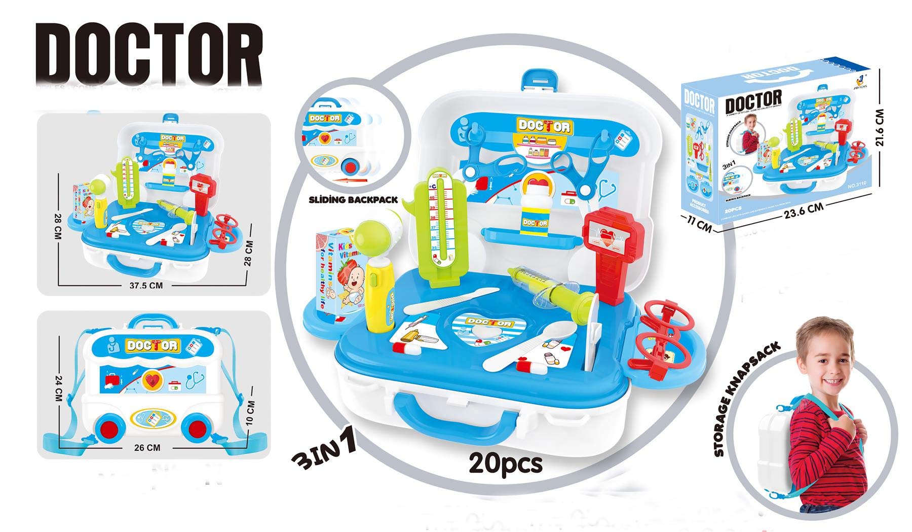 Allkindathings 3 In 1 Children's Pretend Play Doctors Backpack Set