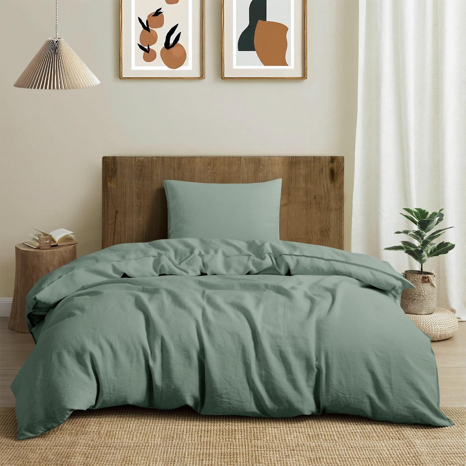 CHUFFED Ropa de cama de lino de 135 x 200 cm, 2 piezas, 100 % lino natural, 1 funda nórdica de 135 x 200 cm y 1 funda de almohada de 80 x 80 cm con cremallera, suave transpirable, color verde salvia