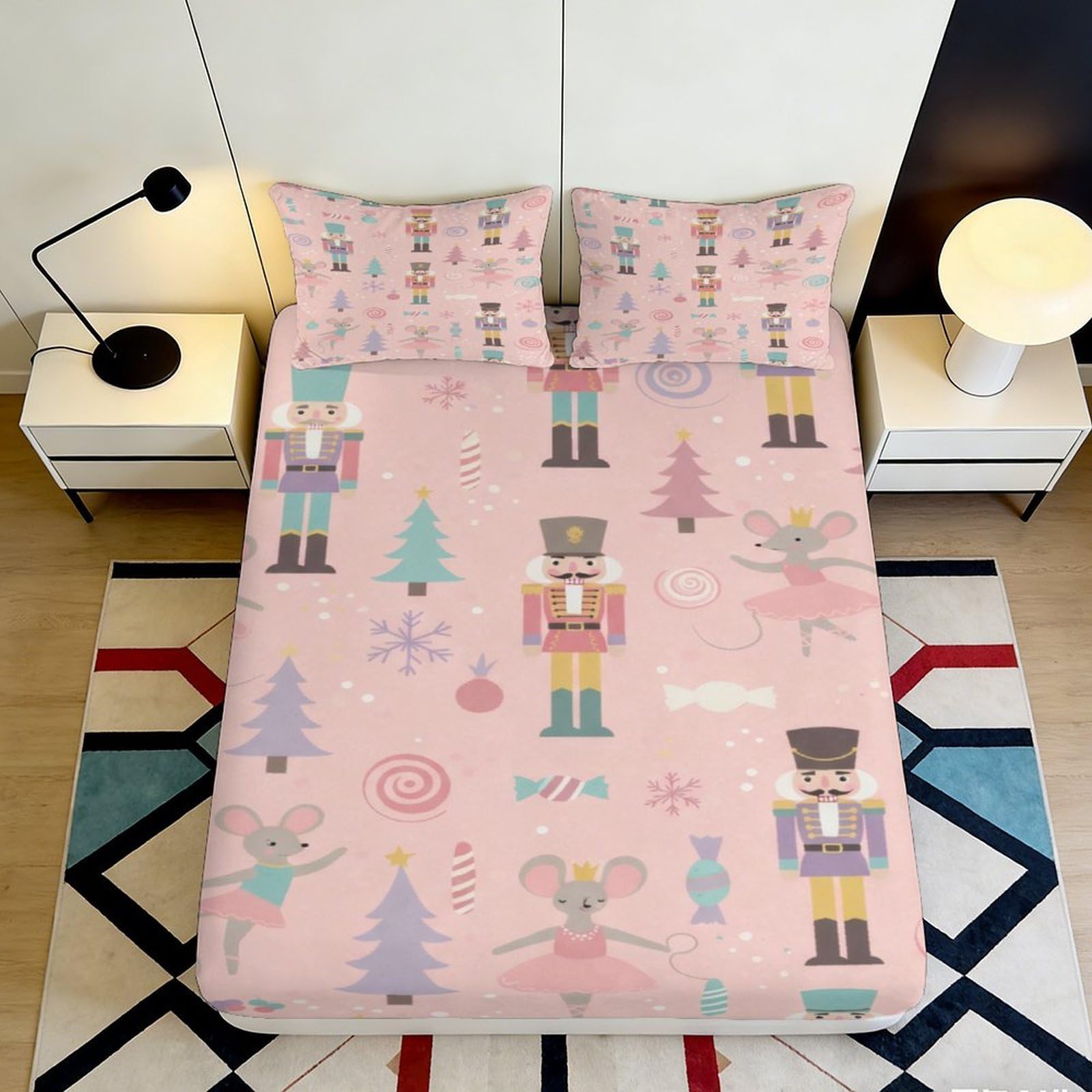 3D Printed Nutcracker Ballet Fitted Sheet Microfiber Pink Christmas Mouse Mattress Cover for Bedroom Dorm Easy Care 90x200x25cm