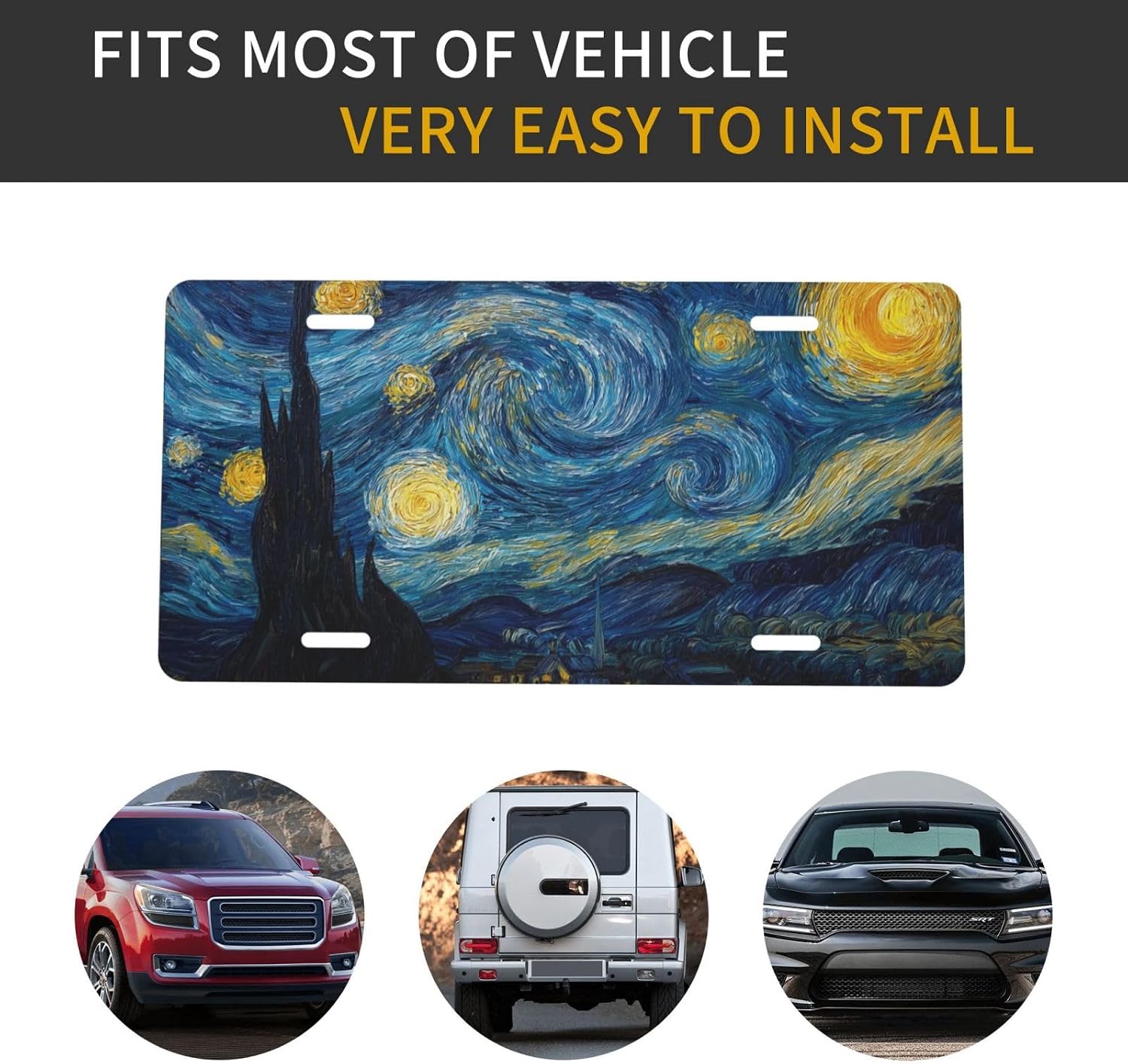 Starry Night Front License Plate Cover,Funny Aluminum Metal Car Accessory Rust-Proof US Novelty Vanity Tag Decor for Men & Women with 4 Holes 6 * 12 in Car Decor Accessory