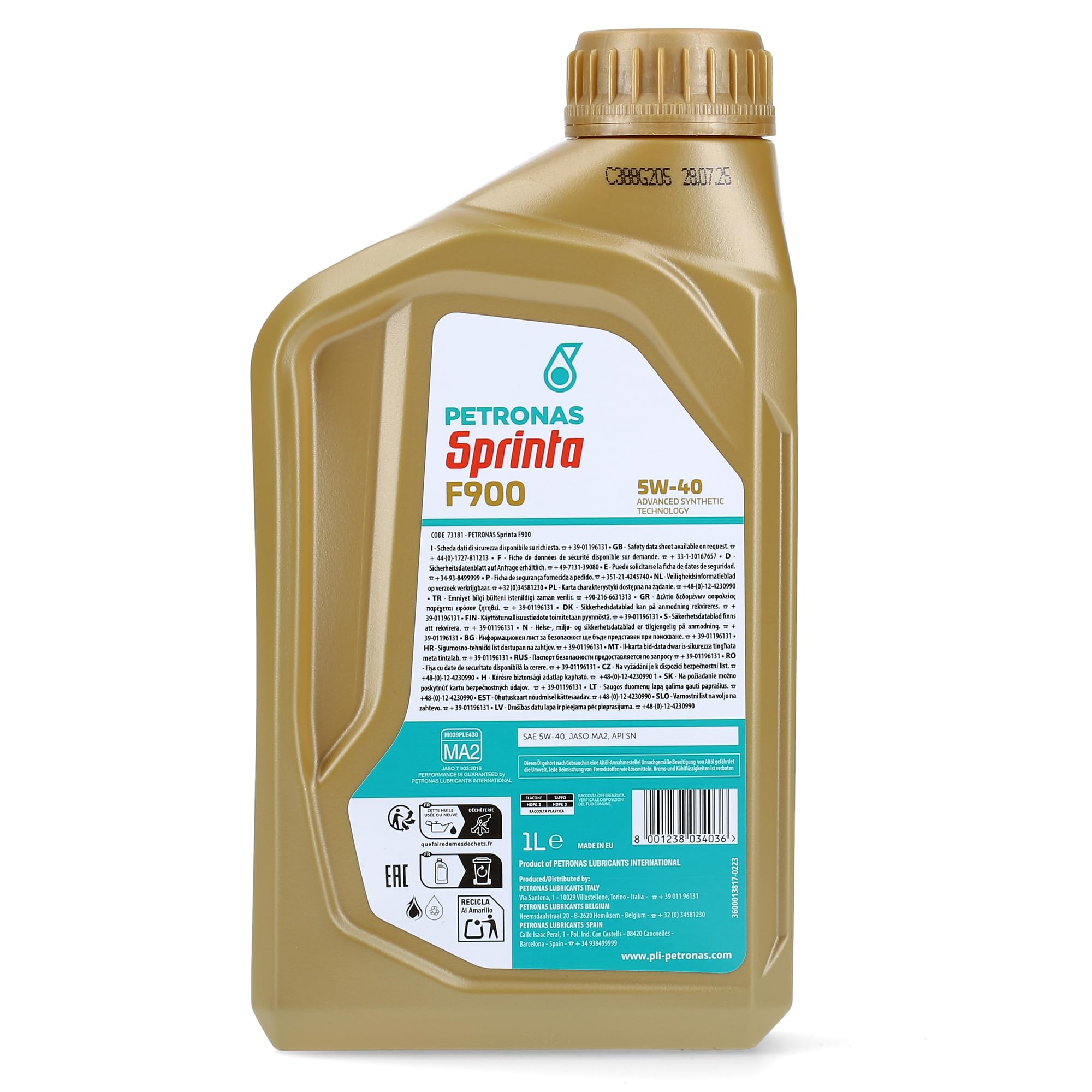 Petronas Sprinta Olio Motore Moto 4T 100% Sintetico 4 Tempi F900 5W-40 API SN - 2 Confezioni da 1 Litro