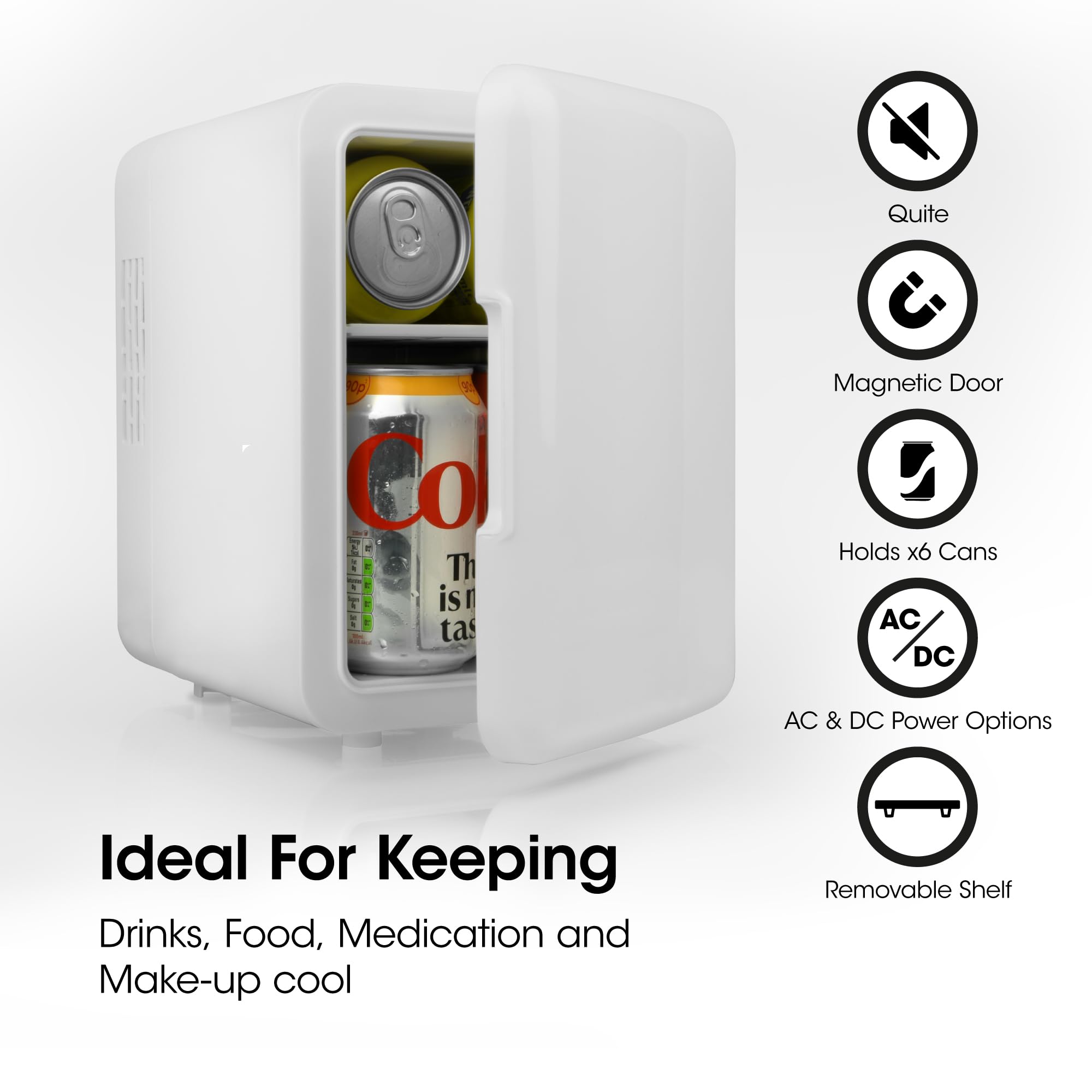 SLx Mini frigo da 4 l, 6 lattine per camera da letto, ufficio, auto e viaggi, silenzioso refrigeratore da 12 V/AC/DC per la cura della pelle, cosmetici e bevande (bianco)