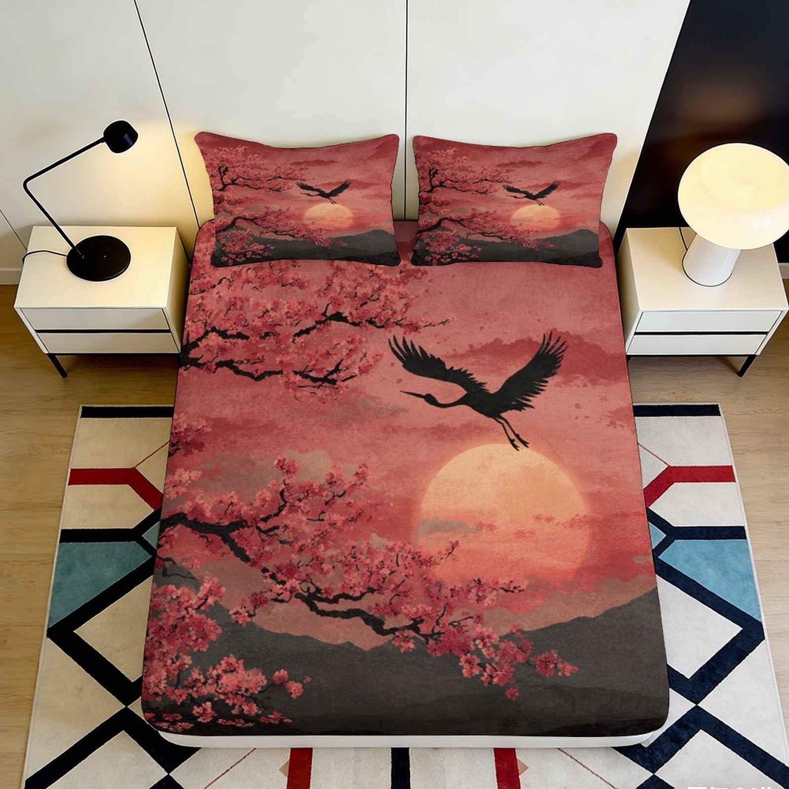 3D Printed Sakura Crane Fitted Sheet Microfiber Deep Pocket Bedding Sakura Crane Mattress Fitted Cover Elastic Hem 140x200x25cm