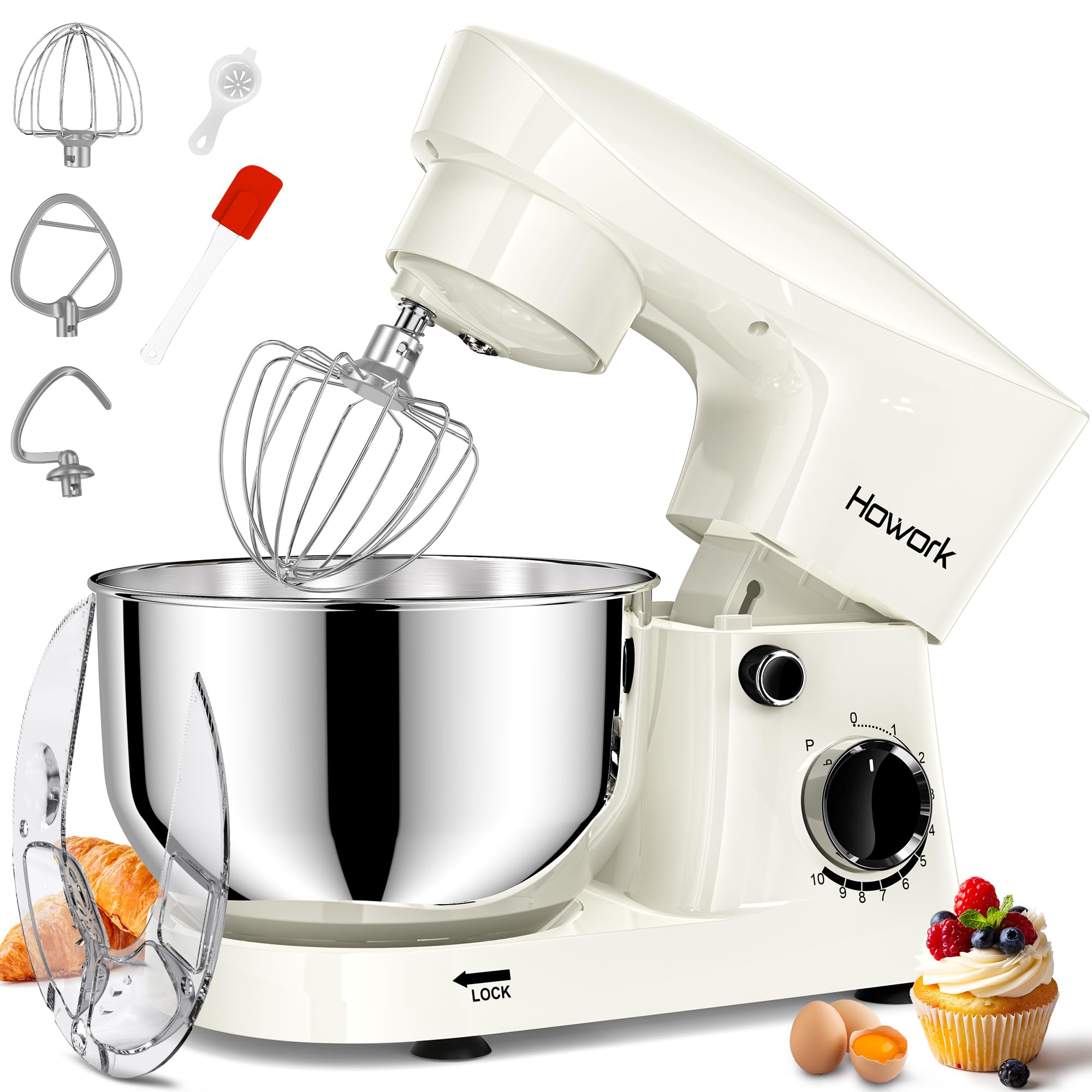 Howork Stand Mixer, 5 Quarts 10-Speed 1500W Tilt-Head Food Mixer (milky white)