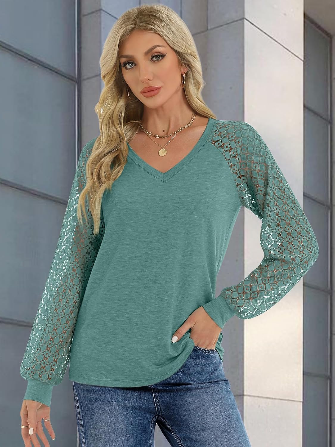 ATHMILE Womens Long Sleeve Shirts V-Neck Lace Tops Business Casual Blouses Tee 2025 Trendy Fall Fashion Outfits Clothes - Image 2