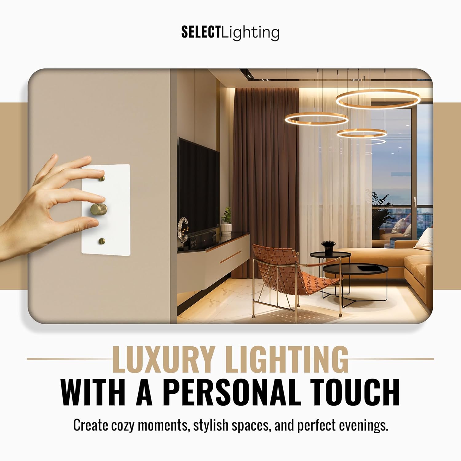 Select 1‑Gang Solid Brass Rotary Dimmer Switch, White Finish w/Brass Accessories, 120V 1A Wall Mount, TRIAC/Leading Edge 1‑Way LED Dimmer Module, UL Listed