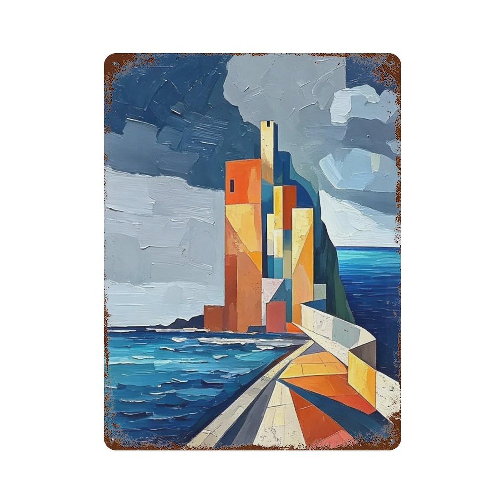 MGHTGRWE Cubist Waterfront Metropolis (1) Poster Wall Art Iron Vintage Metal Tin Sign Modern Home Cofffee Club Art Bar Shop Decor 40x30cm