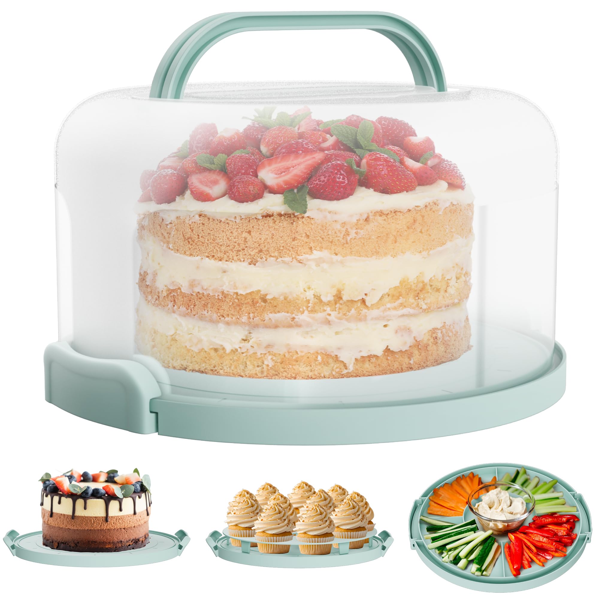 Cake Carrier with lid and Handle - Multipurpose Cake Stand with Lid for 10” Cake, Pie, Cupcakes - Cake Holder & Lid, Plastic Cake Container, Round Cake Cover for Transport & Storage (Seafoam Green)
