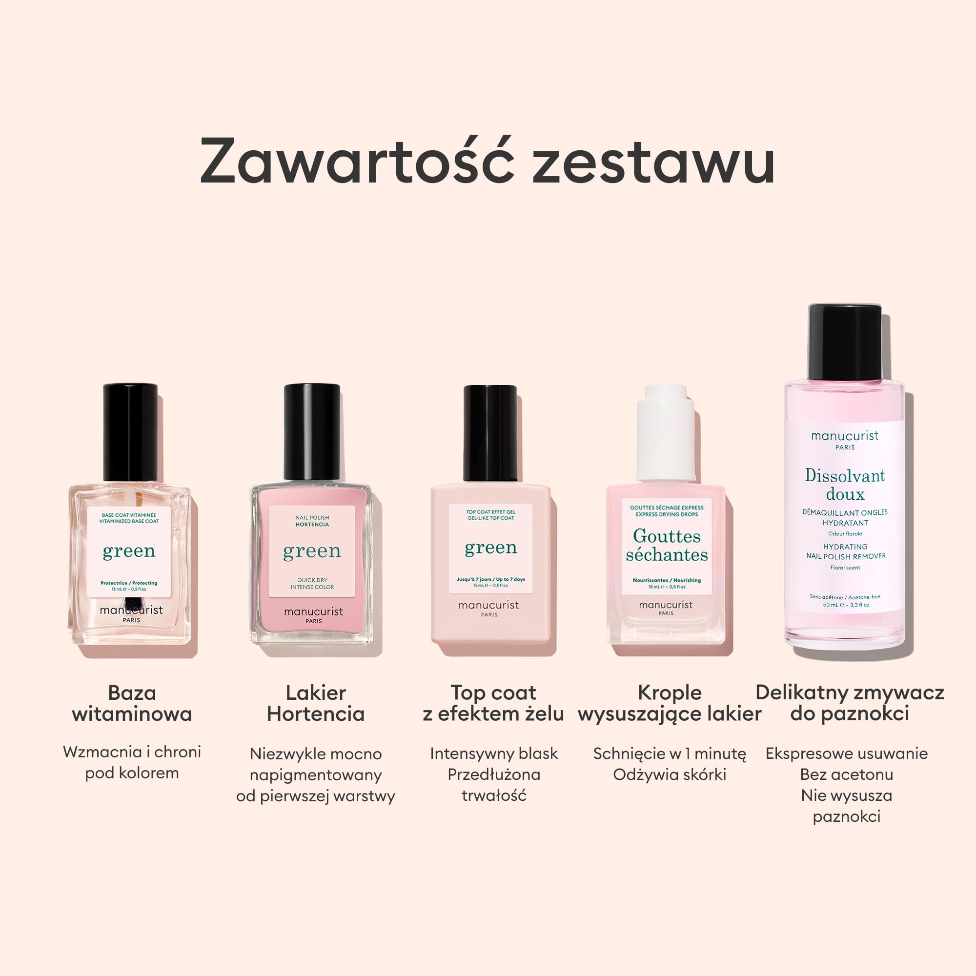 Manucurist Green™ Rose Routin (Hortencia) - Profesjonalny zestaw do manicure'u wegańskiego: 1 odtłuszczacz, 1 lakier do paznokci Hortencia, 1 lakier do paznokci, suche