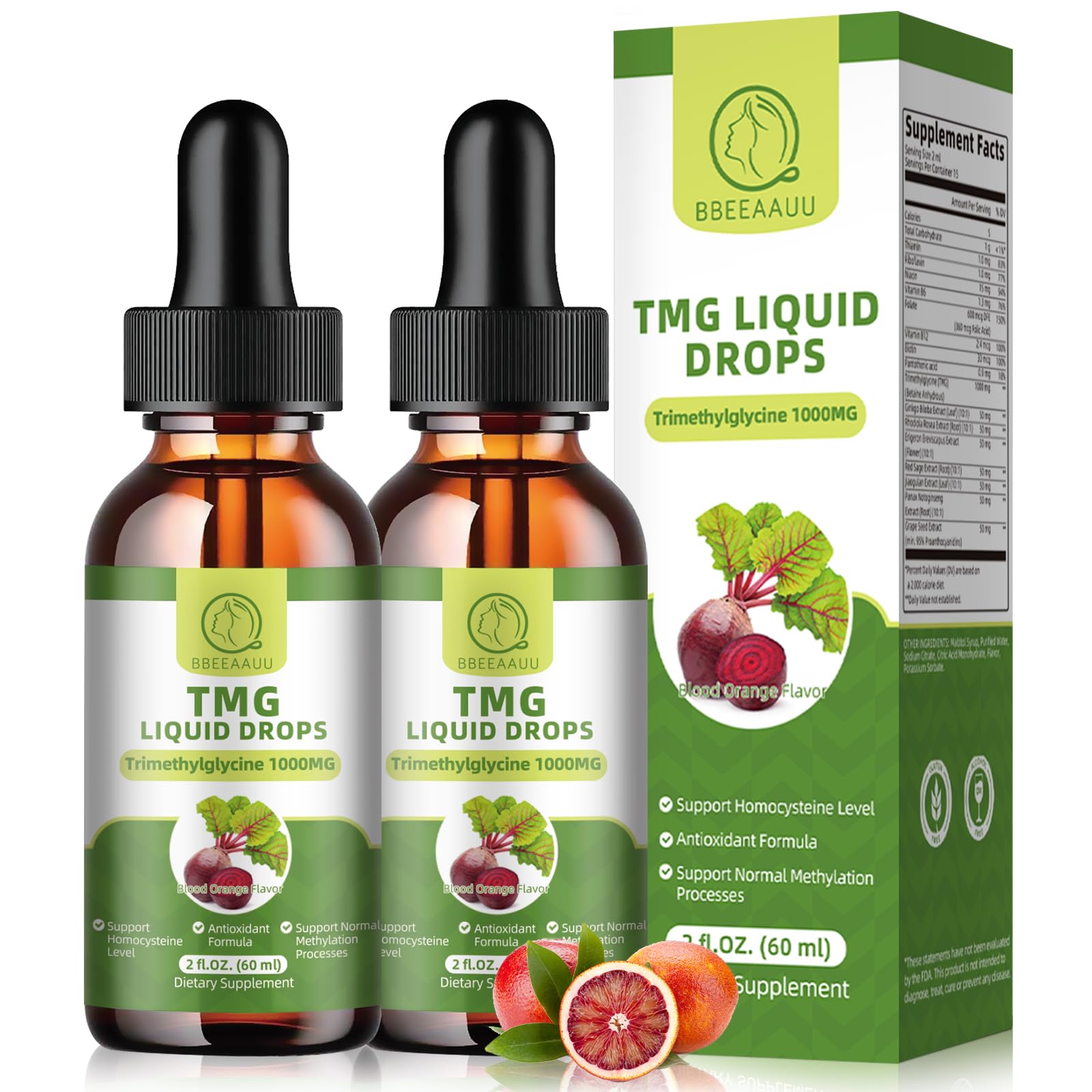 TMG Supplements 1000MG - Trimethylglycine Liquid Drops, Betaine High Absorption, Supports Methylation, Liver Wellness & Cognitive, Non-GMO, Vegan, Blood Orange Flavor, 2 Fl.Oz (2 Pack)