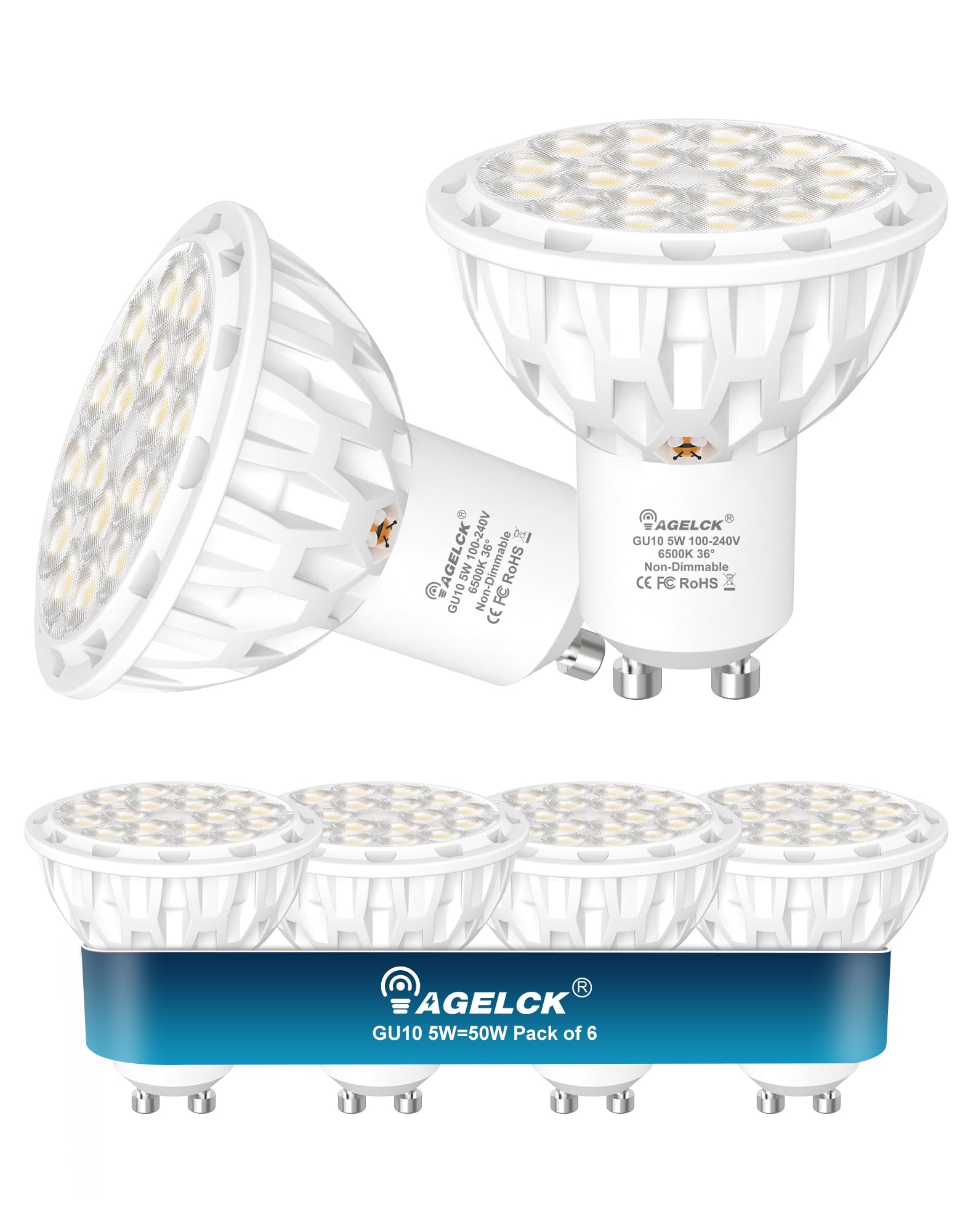 GU10 LED Bulb Cool White 6500K, 5W Replaces 50W Halogen, 825 LM, 6 Pack