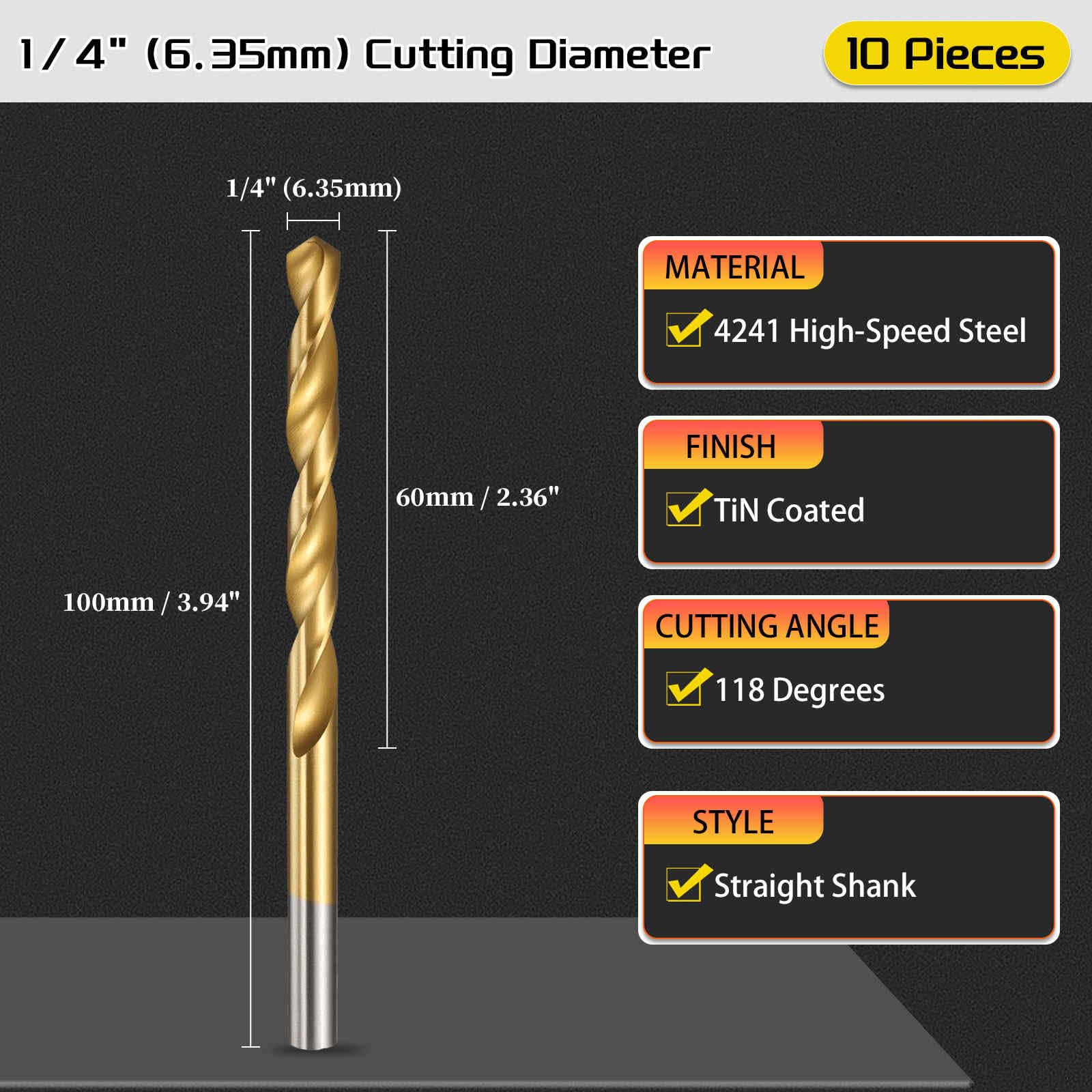 CoCud 6.4mm Drill Bit, 1/4" Cutting Diameter, 4241 HSS TiN Coated 118° Cutting Angle Versatile Jobber Bits - Image 2