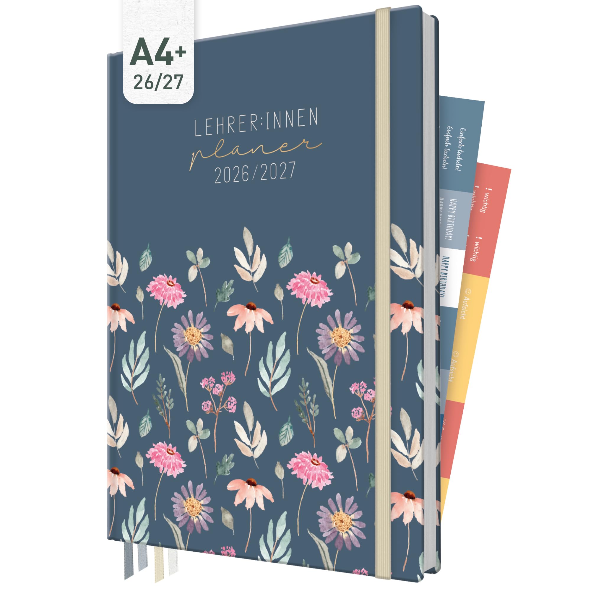 Häfft® Lehrerplaner 2026/2027 im A4+ Format - Großer Lehrerkalender & Schulplaner für das Schuljahr 26/27 – Hardcover mit 4 Lesebändchen, Notenlisten & Stickern "Flying Flowers"