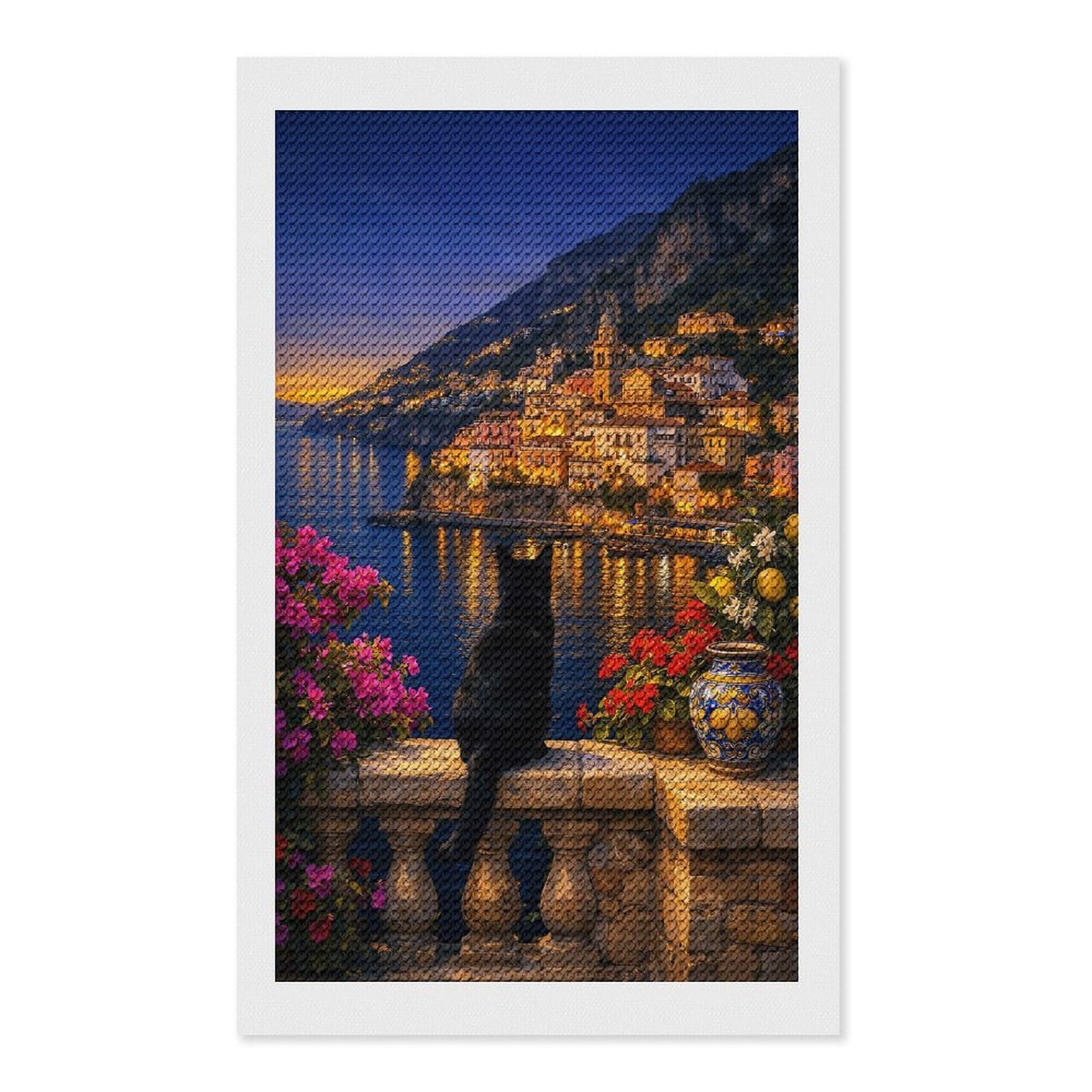 Junmoney Black Cat Overlooking Amalfi Coastal Town Diamond Painting Set 12"x20", Arts and Crafts, Wall Art Gift, Full Kit Included, Relaxing Handmade Project