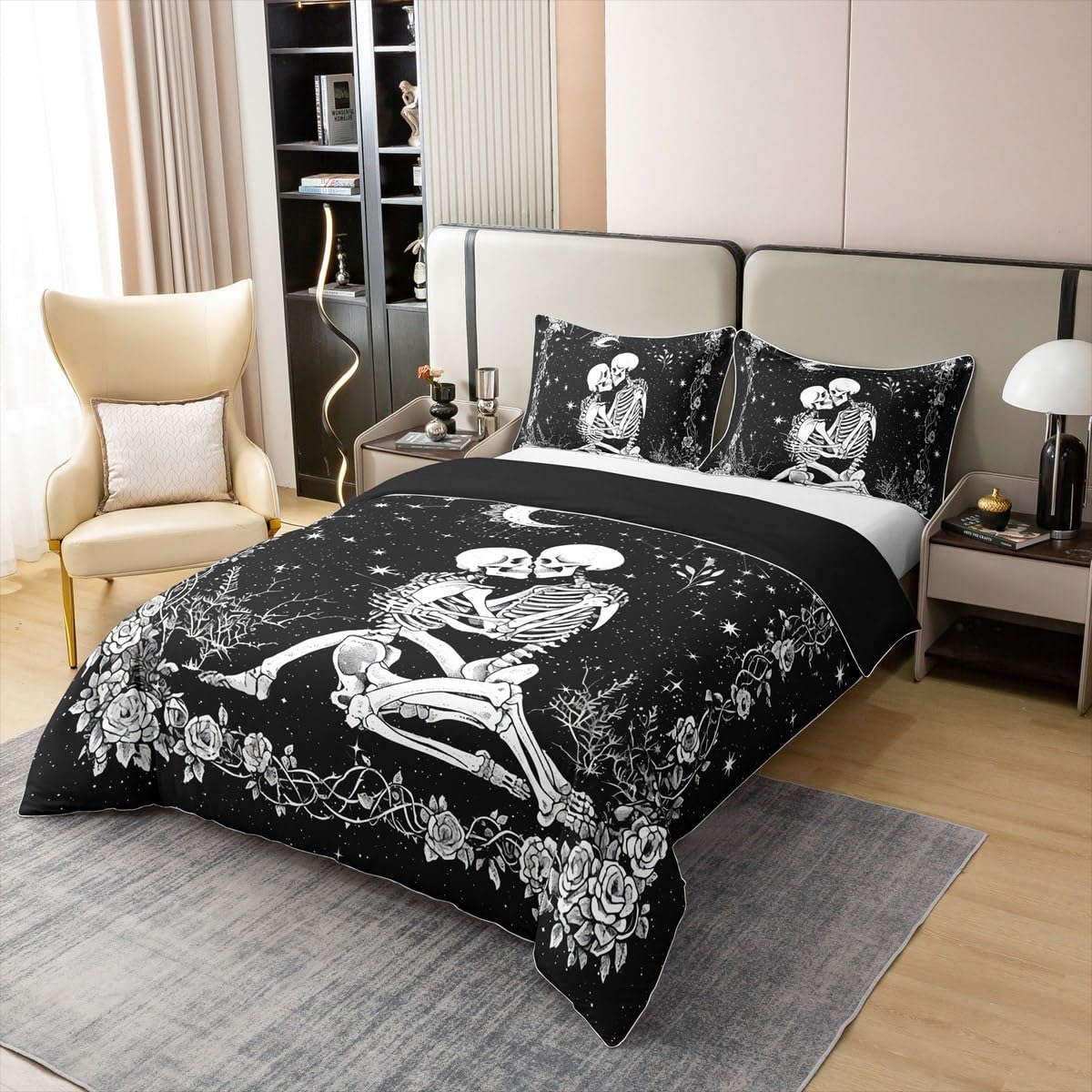Homewish Sugar Skull King Size Zestawy Pościeli Czarny Goth Szkielet Bawełniana Poszwa Na Kołdrę Boho Kwiatowa Poszwa Na Kołdrę Gotycki Zestaw Łóżek
