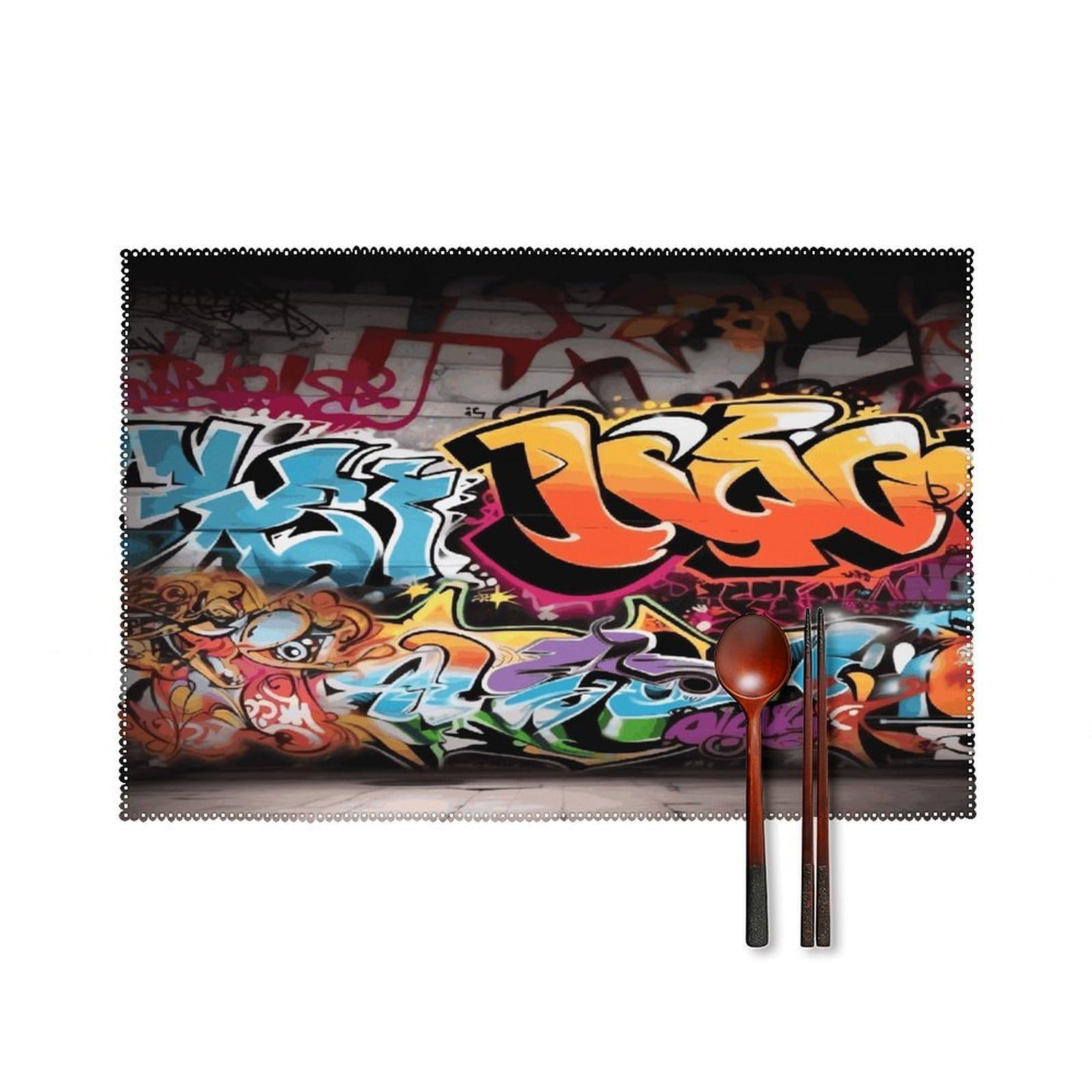 Graffiti Hip Hop Placemat Set of 6,Thickened Non-Slip Place Mats Heat Resistant Reversible Table Mats Resistant Washable Place Mat for Kitchen Dining Table Decoration Indoor