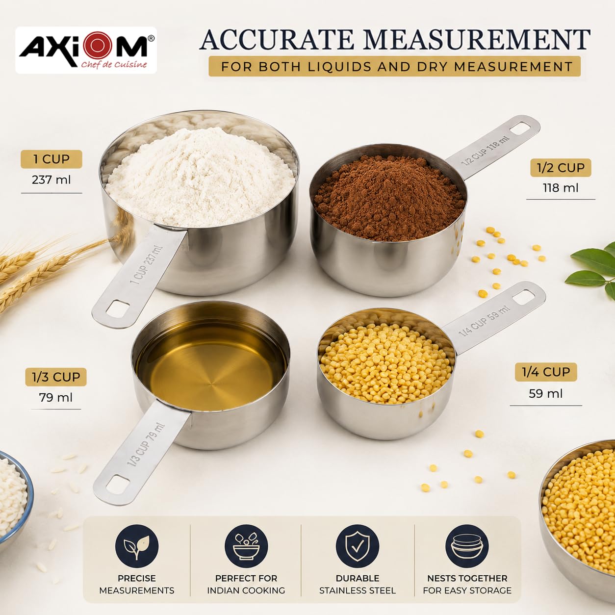 AXIOM Measuring Set of 8 pcs Stainless_Steel Professional Quality for Baking, Cooking, 4 Stackable Measuring Cups and 4 Stackable Measuring Spoons with Measurement Engraving Handle 2