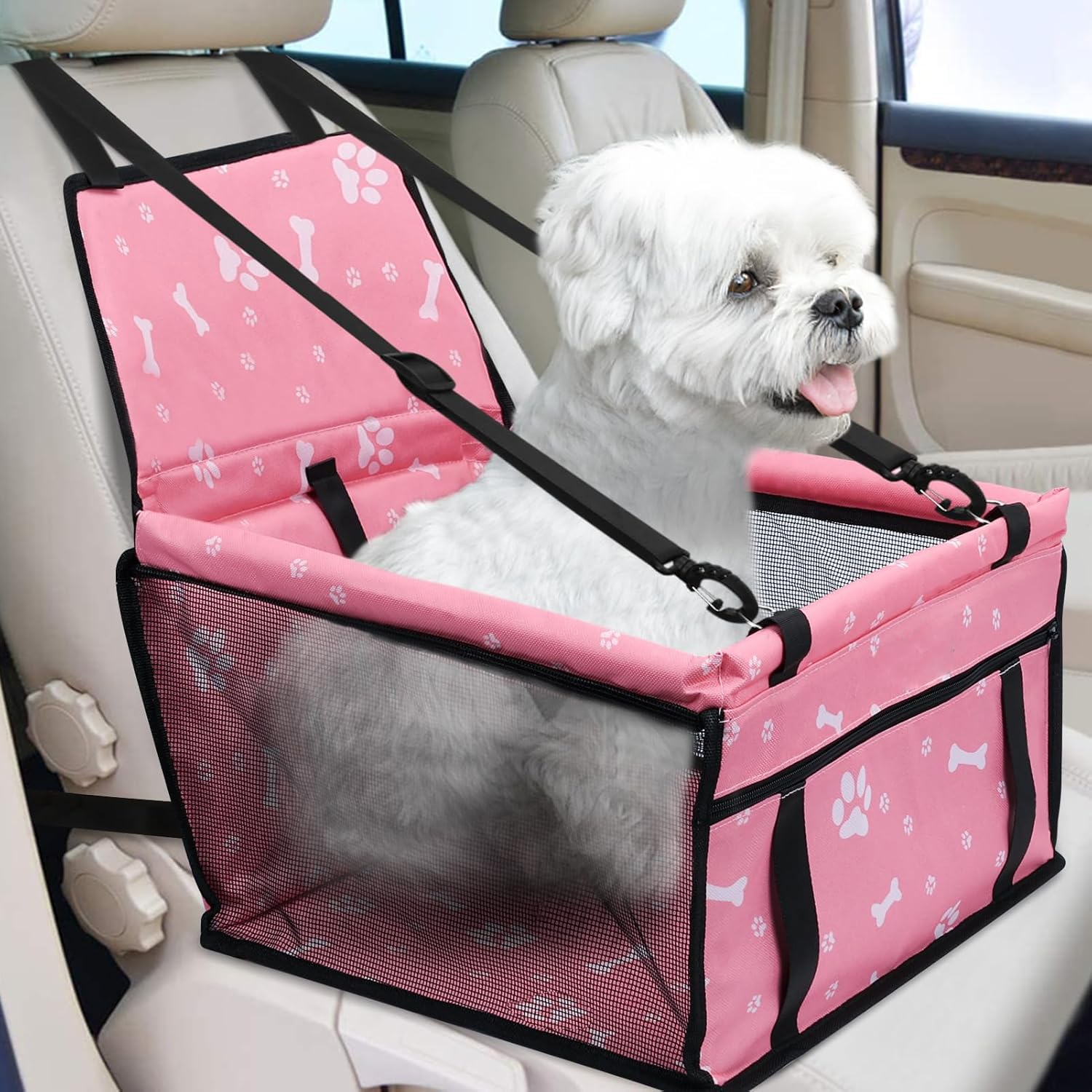 MEISO Siège Auto pour Chiens, Sac de Transport Chien et Chat avec Ceinture de Sécurité, Auto Chien avec Tige de Support de Nivellement, Pliable, pour Chiens adapté aux Animaux de Petite Moyenne (Rose)