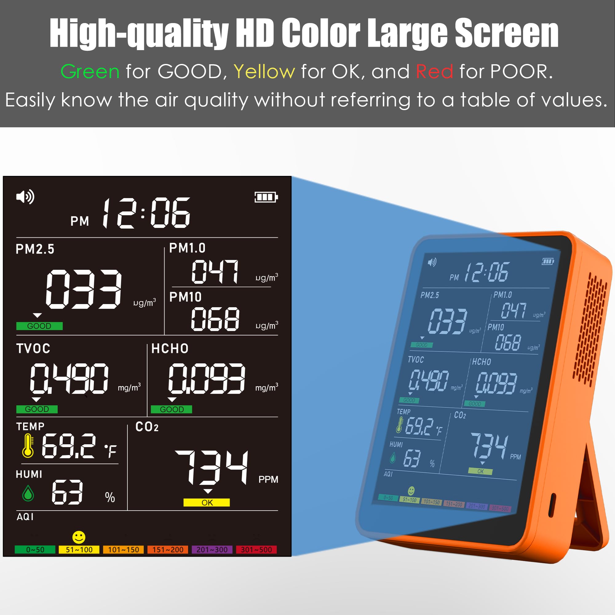 16-in-1 Indoor Air Quality Monitor, High-Precision Multi-Parameter Smart Air Quality Tester with HD Real-Time Color Screen, Portable Air Quality Monitor for Home, Office (Terracotta Orange) — Amazon image 3