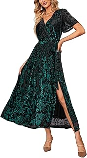 Women's Velvet V Neck Wrap Semi Formal Dress Cocktail Party Maxi Dress for Wedding Guest