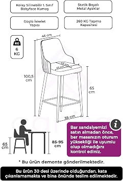 Tera Serisi 2 Lacivert Sandalye, 65 cm, Babyface Kumaş, Beyaz Metal Ayaklı, Mutfak Bar Sandalyesi