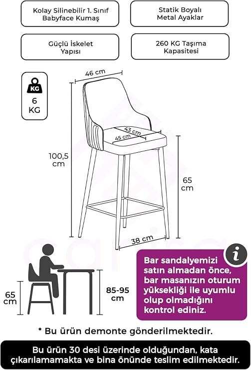 Tera Serisi 2 Lacivert Sandalye, 65 cm, Babyface Kumaş, Beyaz Metal Ayaklı, Mutfak Bar Sandalyesi