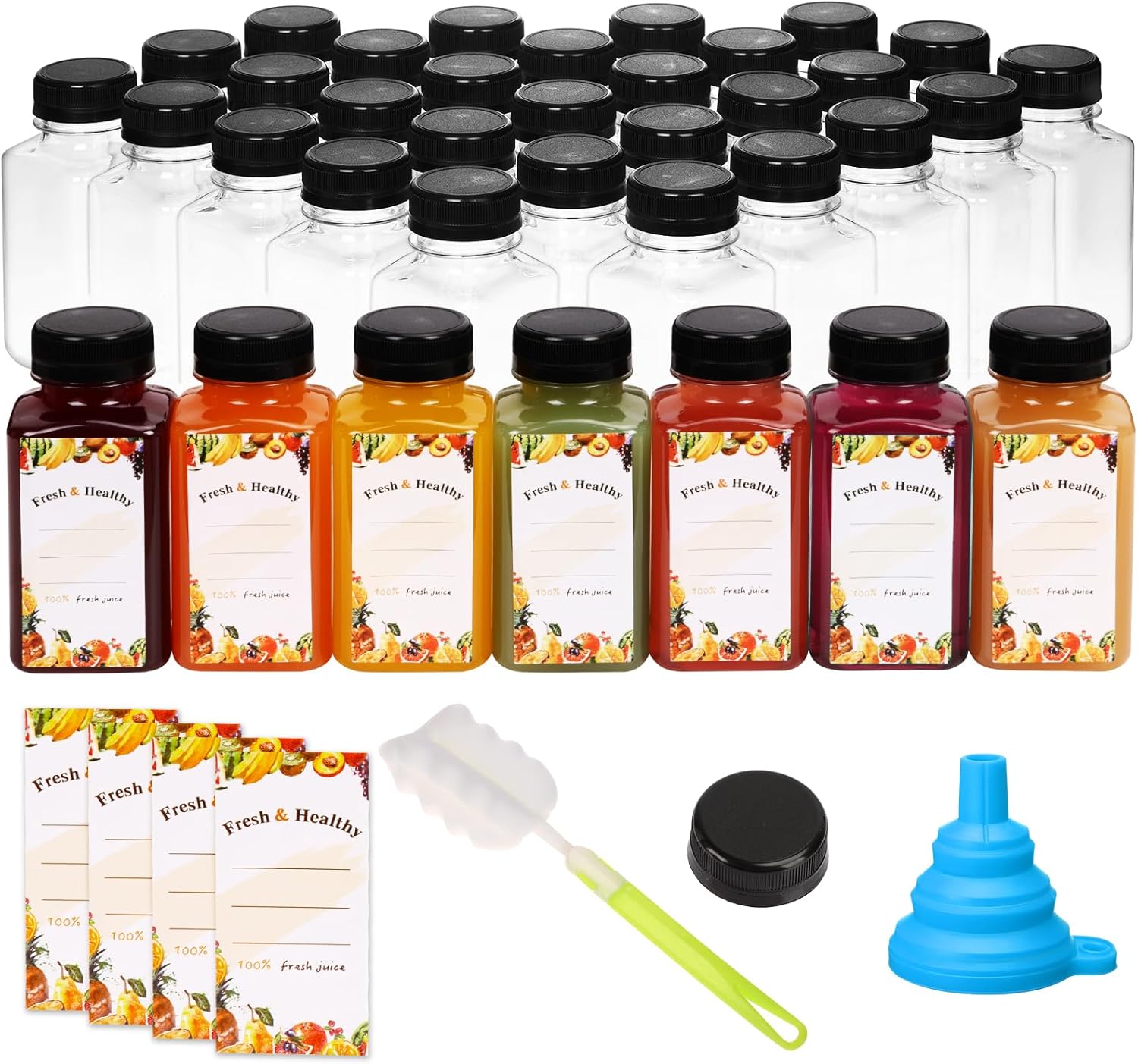 Moretoes 36pcs 8oz Juice Bottles, Plastic Bottles with Lids, Reusable Clear Containers with Caps for Juicing, Smoothie and Other Beverages