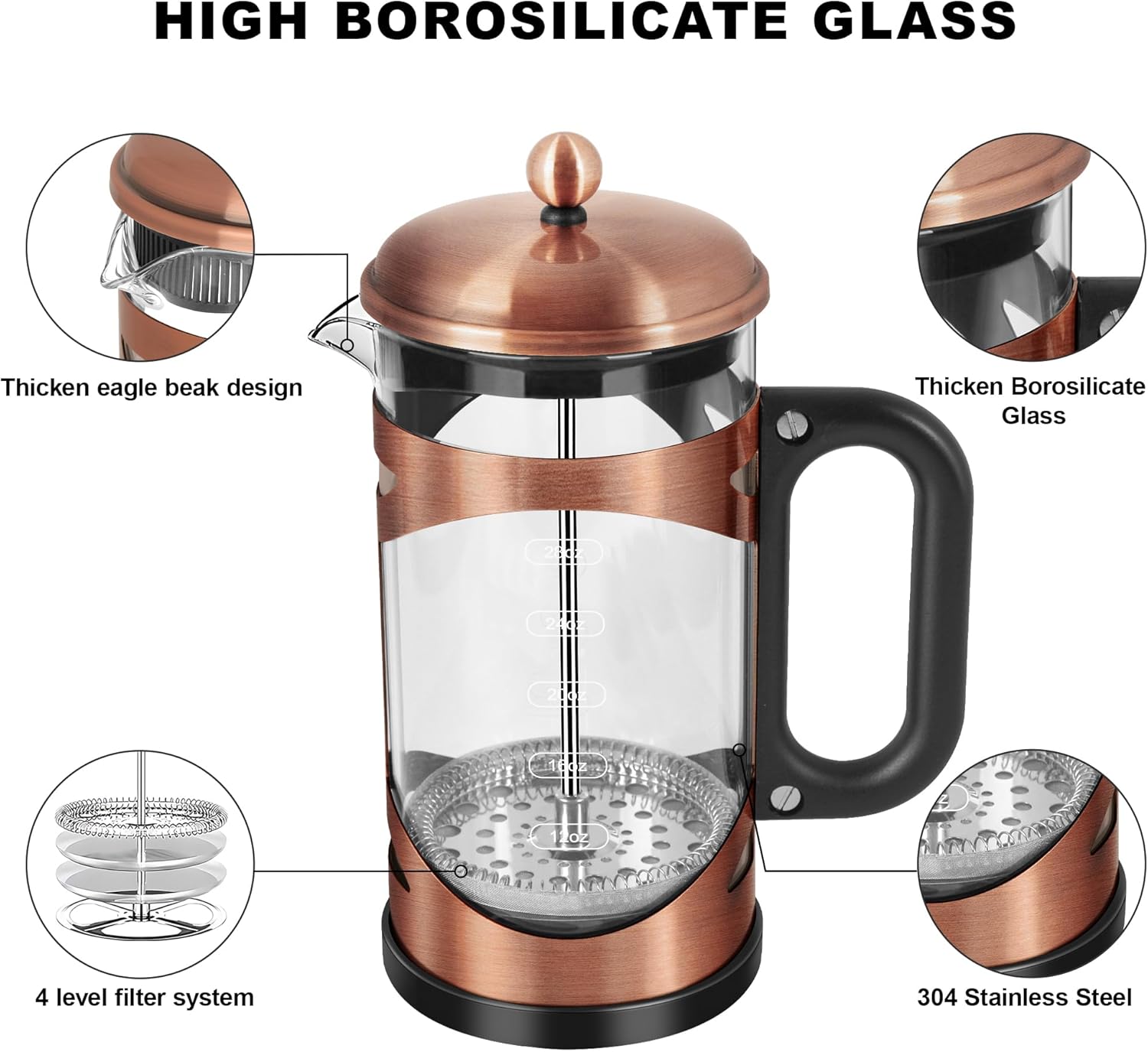 34 Ounce French Press Coffee Maker Copper Stainless Steel Coffee Press, with 4-Level Filter System, Heat Resistant Thickness Borosilicate Glass, BPA-Free Brewed Coffee Pot for Camping Gifts - Image 4