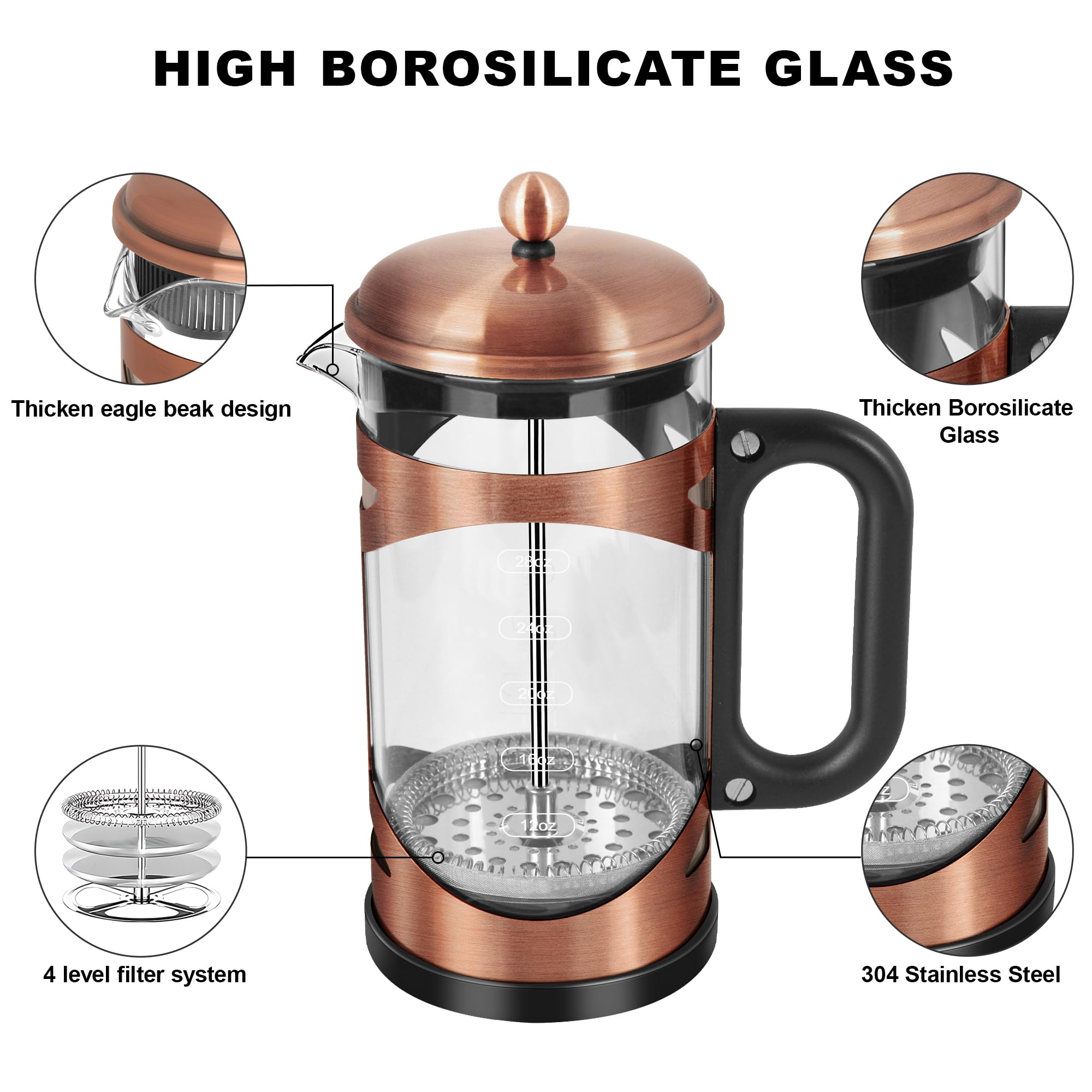 YMMIND Cafetera de prensa francesa de 34 onzas, prensa de café de acero inoxidable de cobre, con sistema de filtro de 4 niveles, vidrio de borosilicato de grosor resistente al calor, cafetera