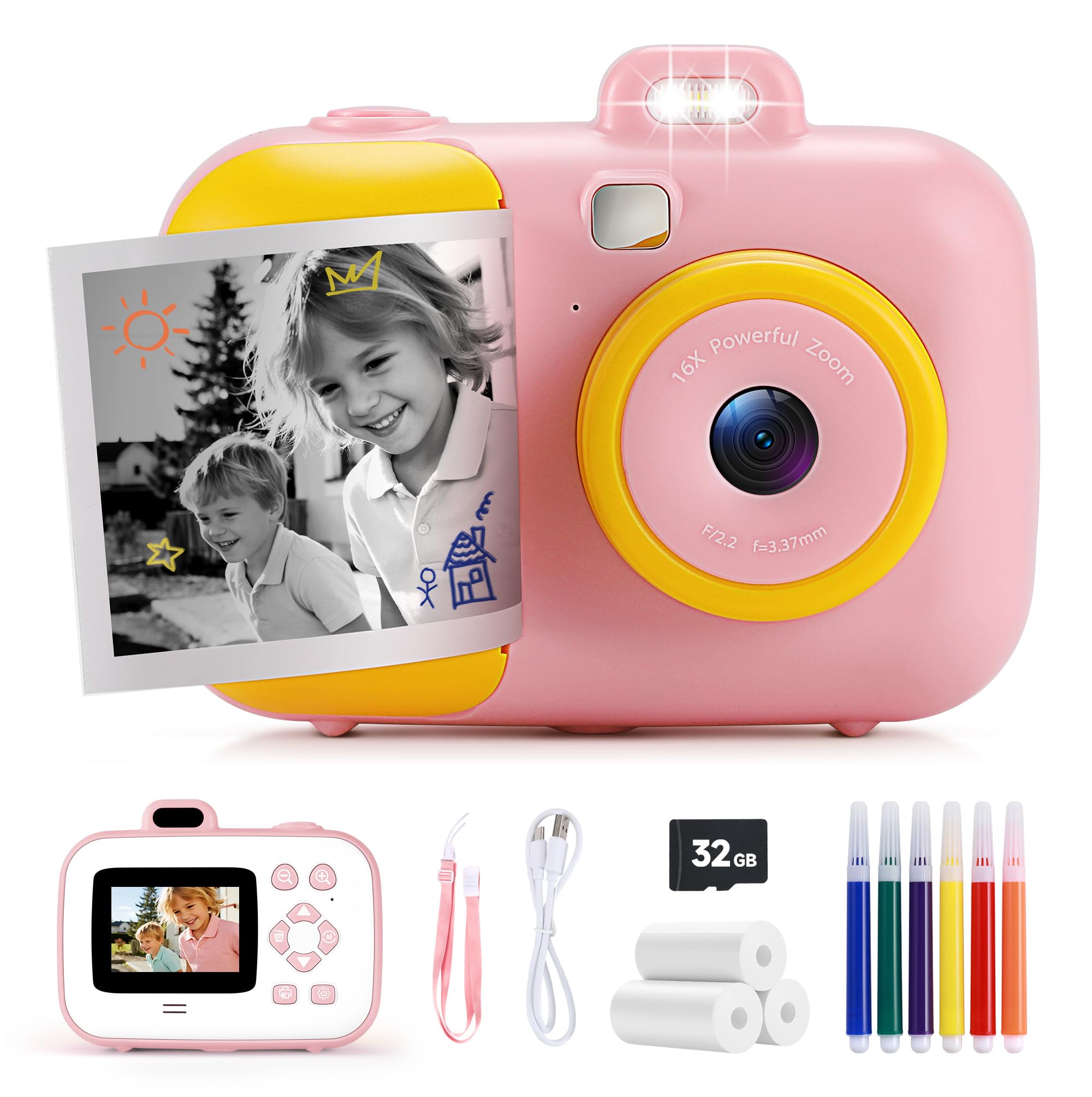 Instant Camera for Kids with 3 Roll Print Paper, 1080P HD Kids Cameras Instant Print Camera with 32GB SD Card, Kid Toys for Ages 5-7, Birthday for Girls Age 8-10
