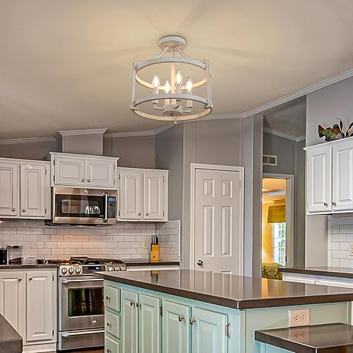 Miniatura 7 de Candelabro de granja de 4 luces, iluminación colgante envejecida, lámpara de techo convertible semiempotrada, candelabros de metal blanco vintage