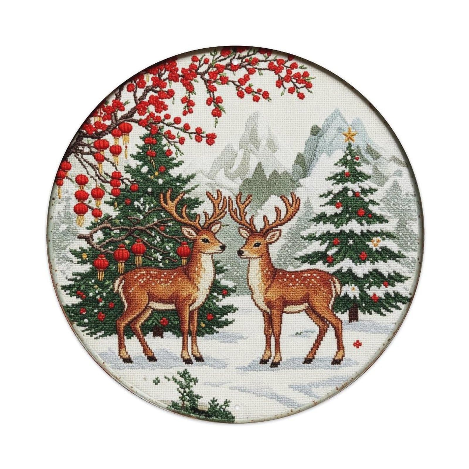 Christmas Reindeer Embroidery Metal Tin Sign Plaque