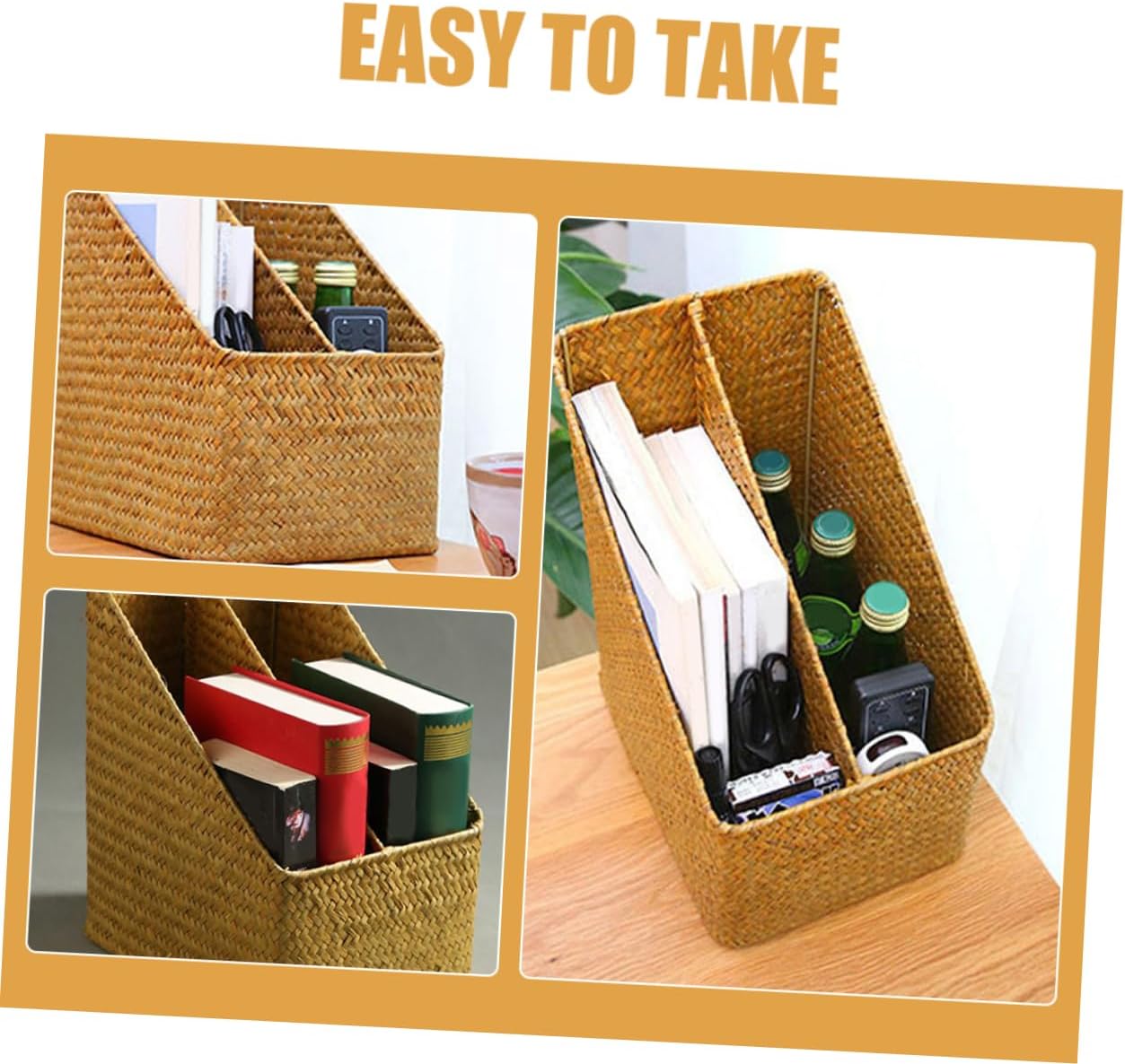 Cabilock Boho Style Woven Document Storage Basket under Desk Organizer Straw Magazine Rack for Office File Holder Dividers