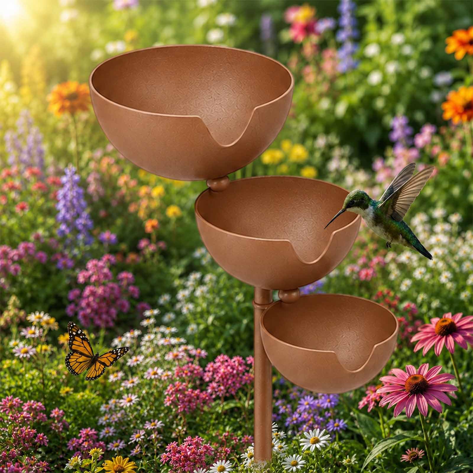 Rain Catcher Bird Bath Tiered - Bring Life Back to Your Garden, 3-Layer Self Filling Bird Bath Stake for Hummingbird Butterfly & Bee, Vintage Watering Station, for Garden Lawn Yard (Coating)