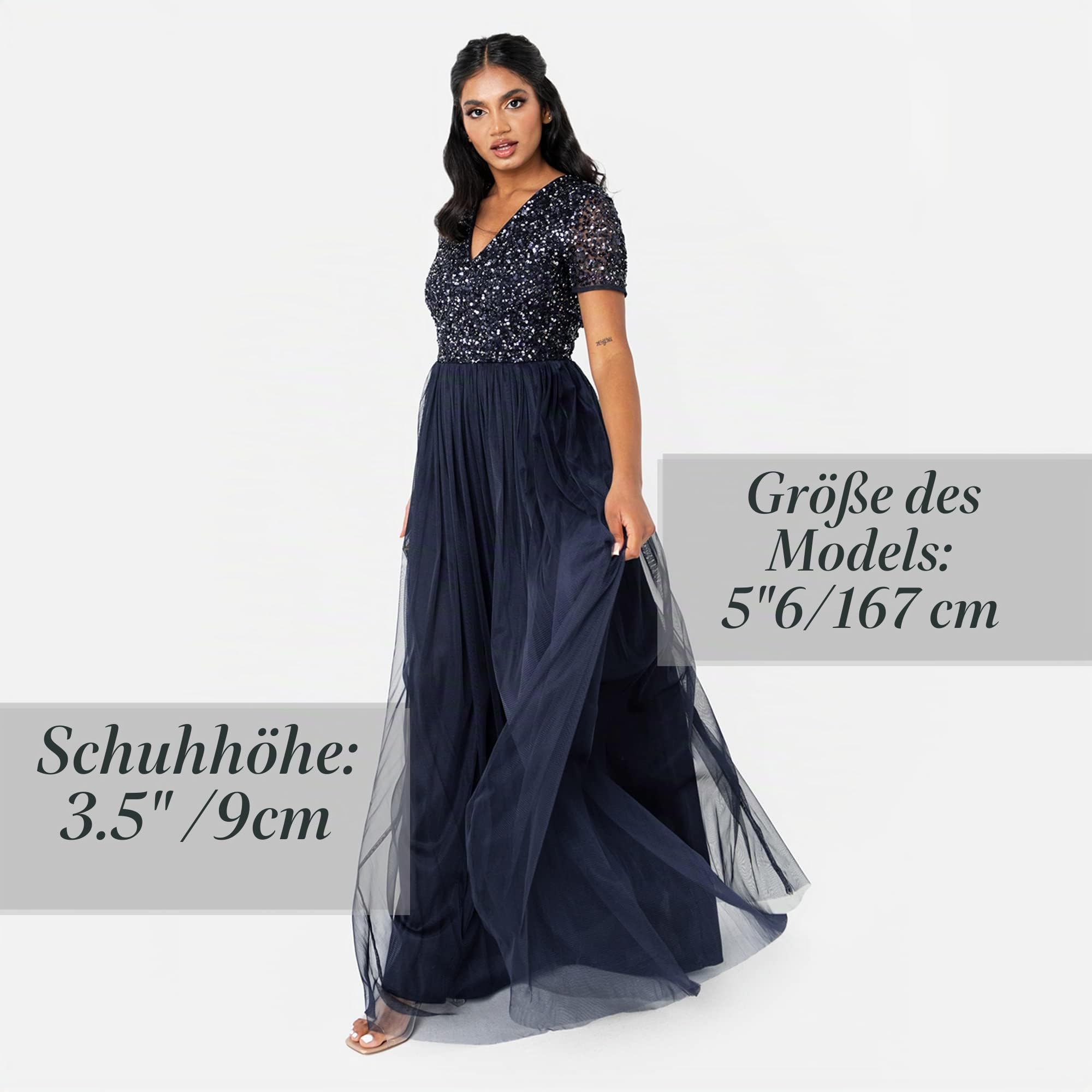 Maya Deluxe Damen Ballkleid Abendkleid V-ausschnitt Maxi Länge Pailletten Kurze Ärmel Für Hochzeit Geburtstag Brautjungfer Bridesmaid Dress – Bild 3