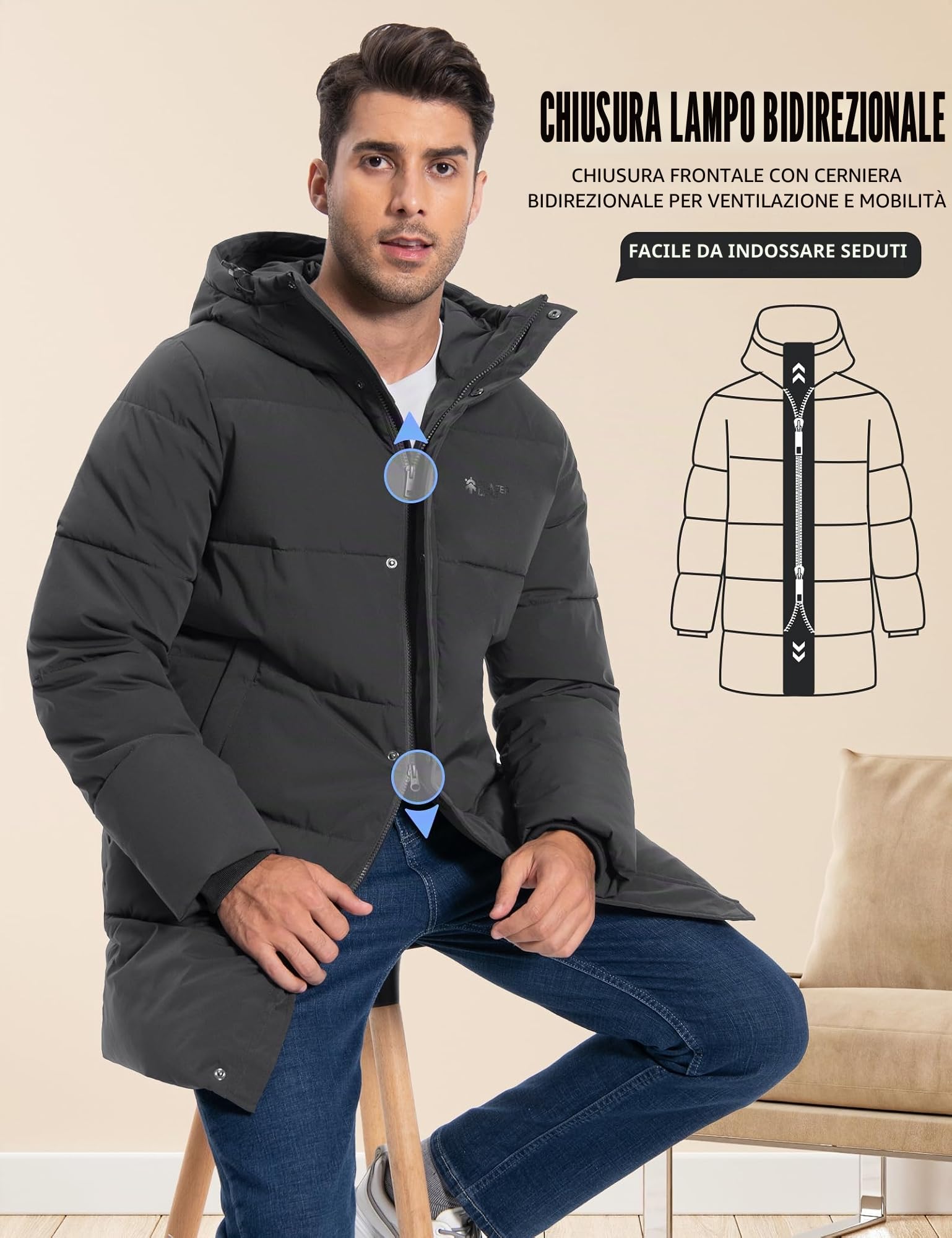 Pioneer Camp Giacca invernale da uomo, lunga, antivento, impermeabile, calda, invernale, parka con cappuccio