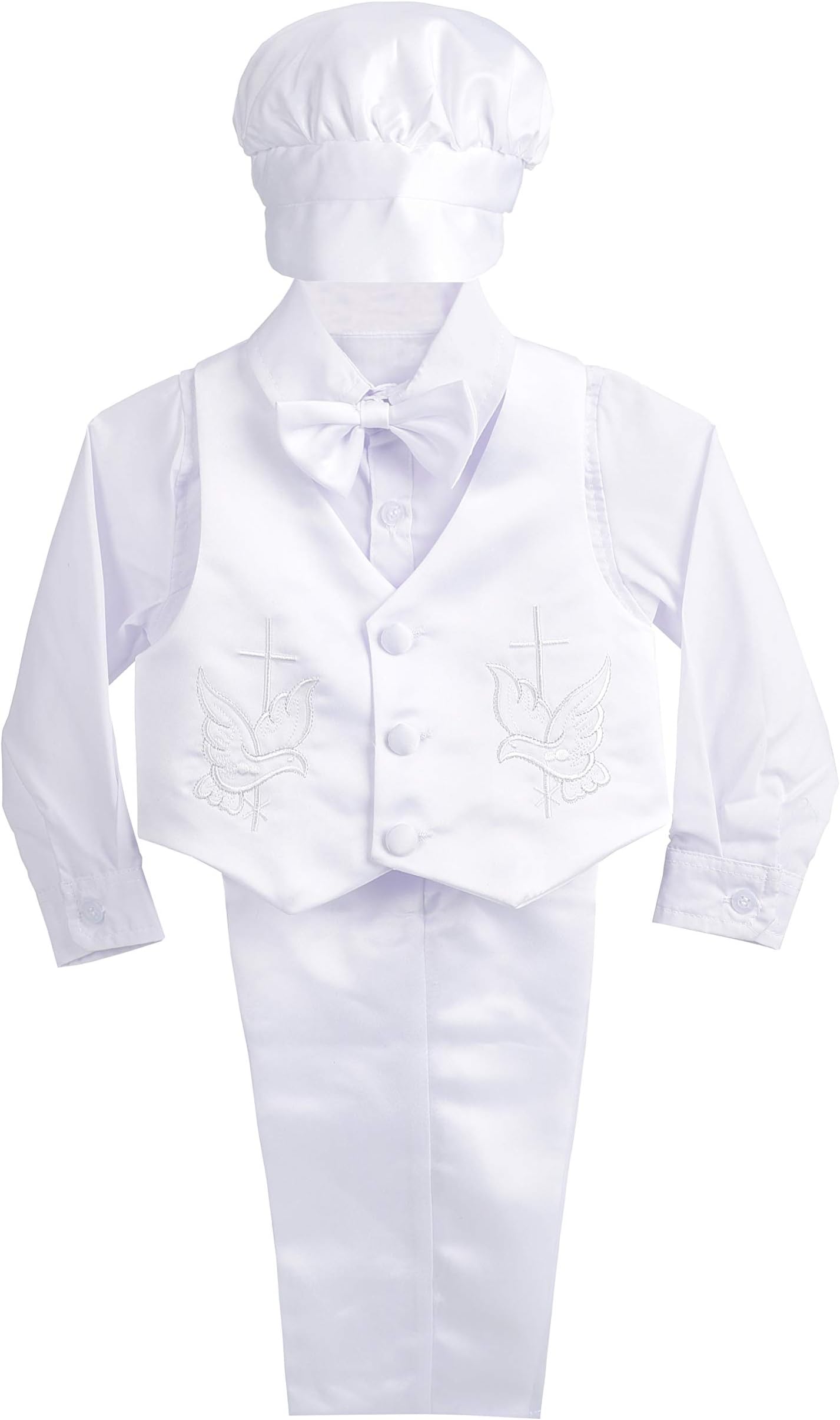 Baby Boy Satin Baptism Clothes Christening Outfit with Bonnet 5 Pieces Set Formal White Suit for Infant