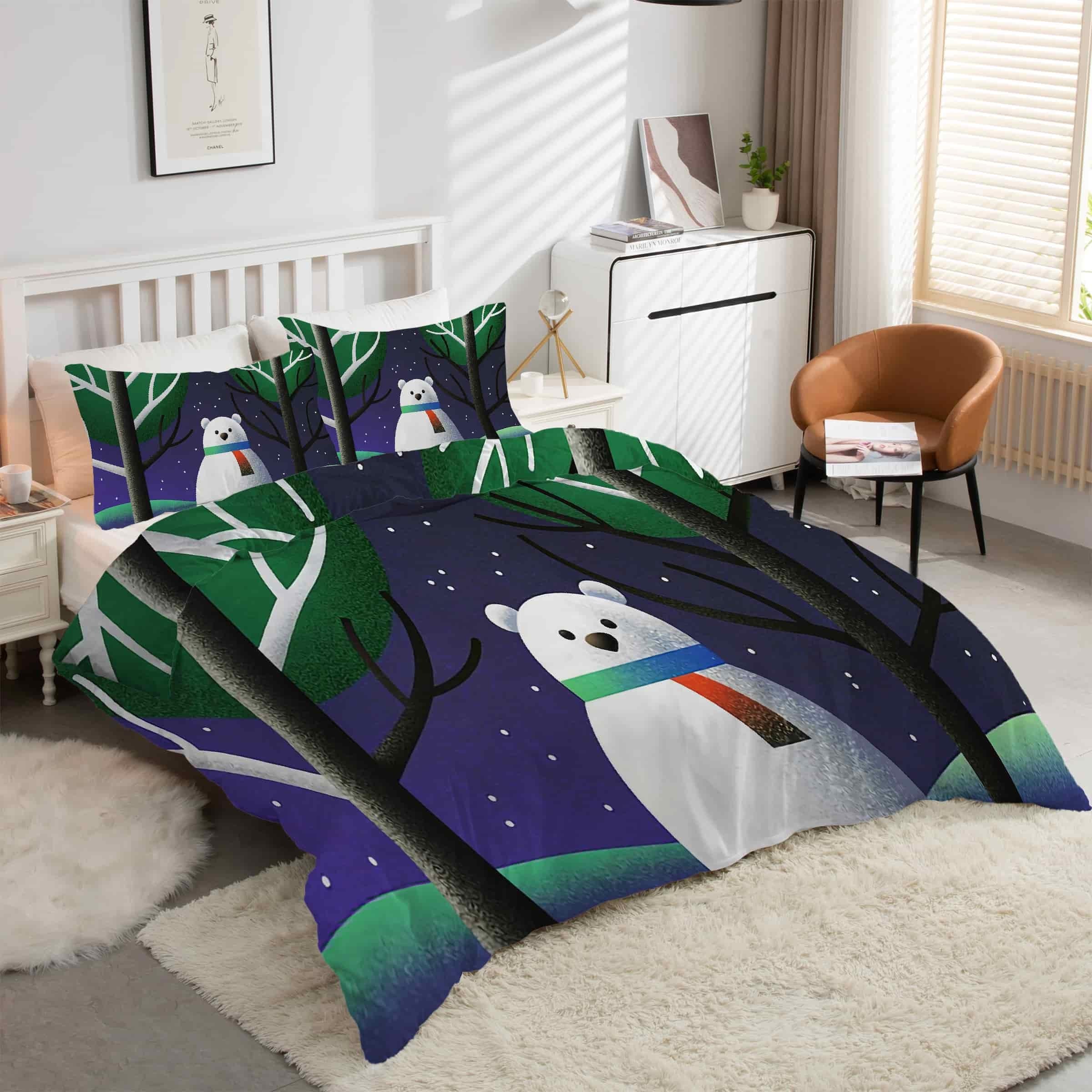 Housse de couette 160x200 ours polaire ensemble literie 3 pièces lit