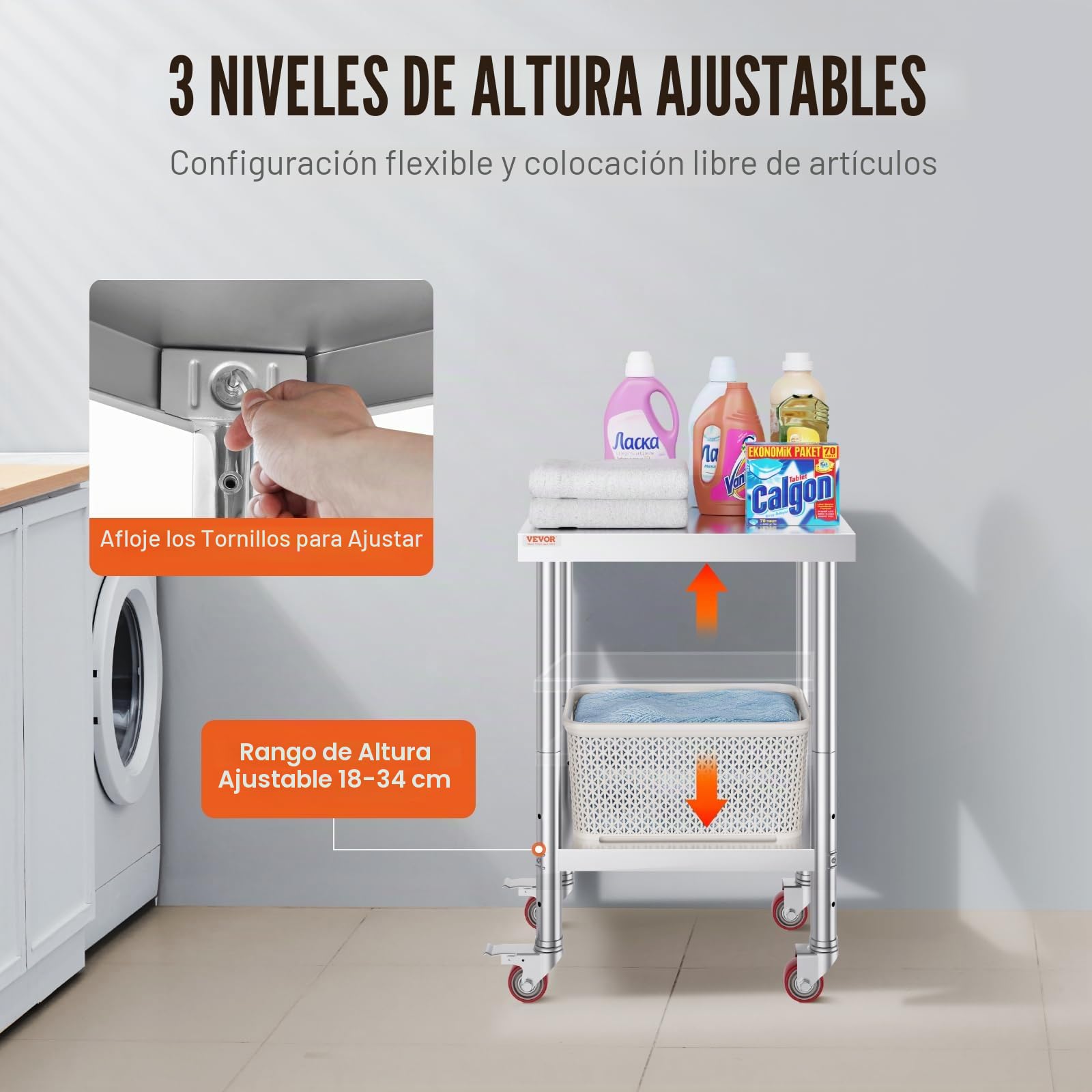 VEVOR Mesa de Preparación de Comida de Acero Inoxidable 61x45,7x86,4cm Tabla de Cocina Profesional Capacidad de Carga 100 kg Tabla de Trabajo de Cocina Catering Ajustable para Restaurante Escuela