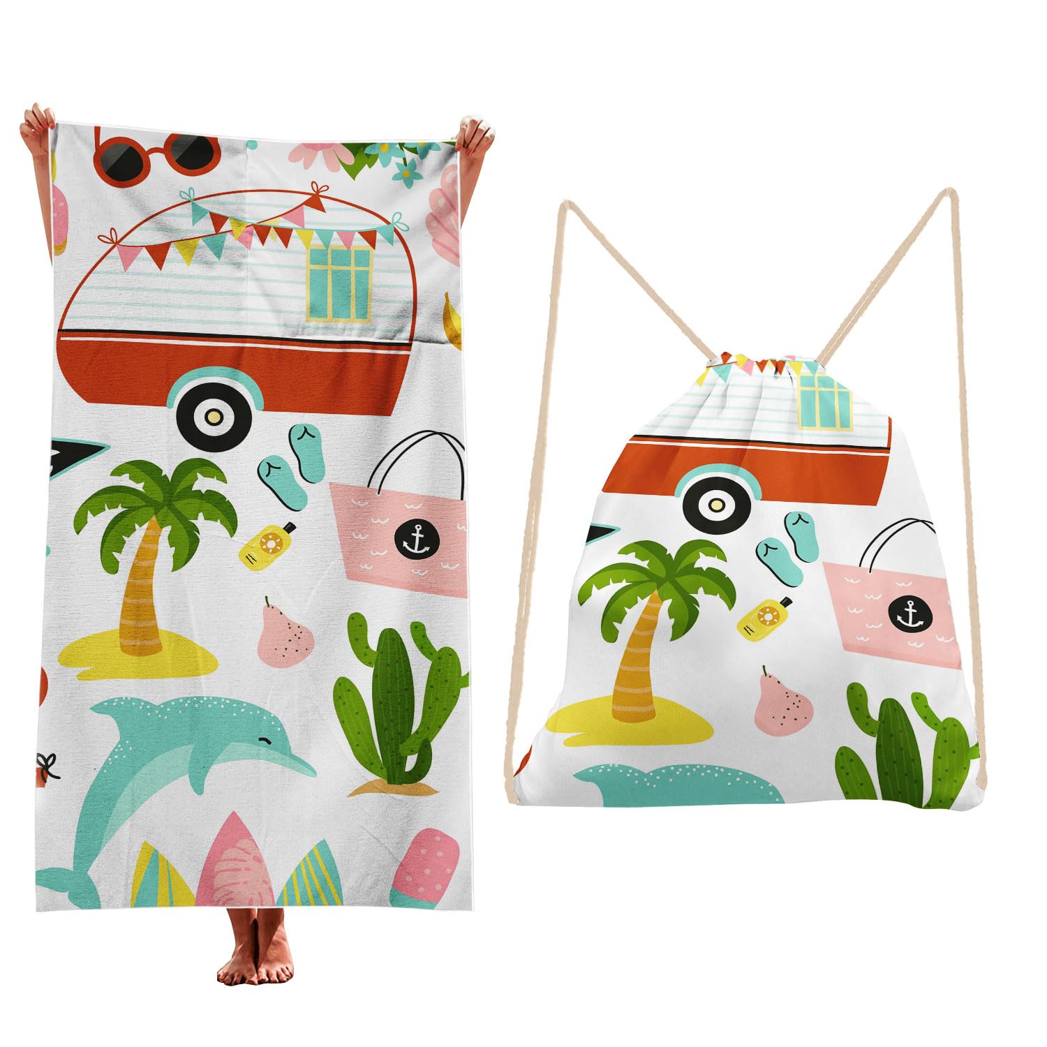 Treer Beach Towel That Turns Into a Bag, 3D Large Microfibre Beach Towels for Adults 2 in 1 Lightweight for Sun Loungers, Travel, Summer, Swimming, Gym, Sports, Yoga (Summer,90 * 180cm)