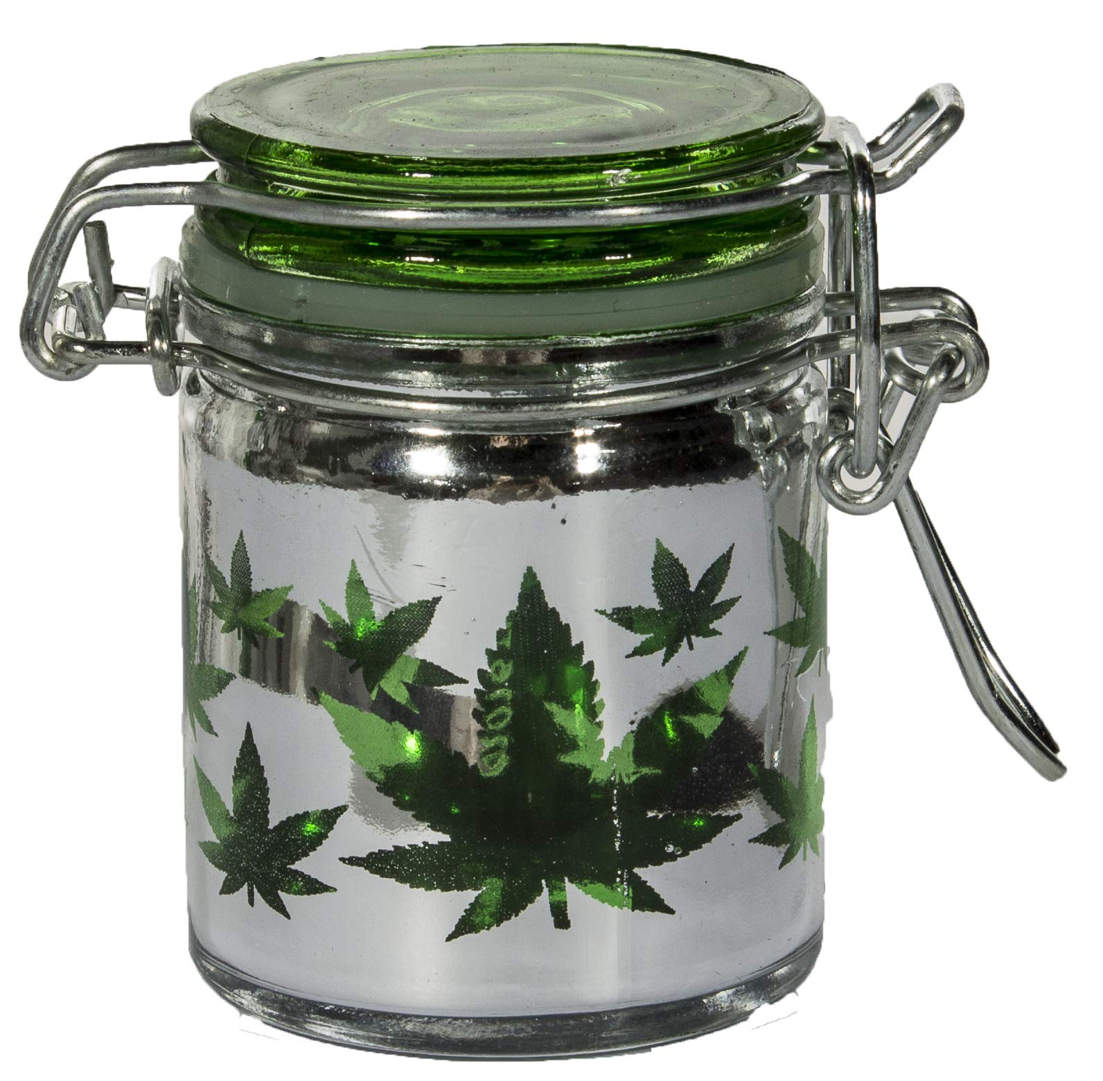 Airtight Glass Herb Mini Storage Jar with Clamping Lid in Choice of Design (Metallic Silver/Green Leaves, Small)