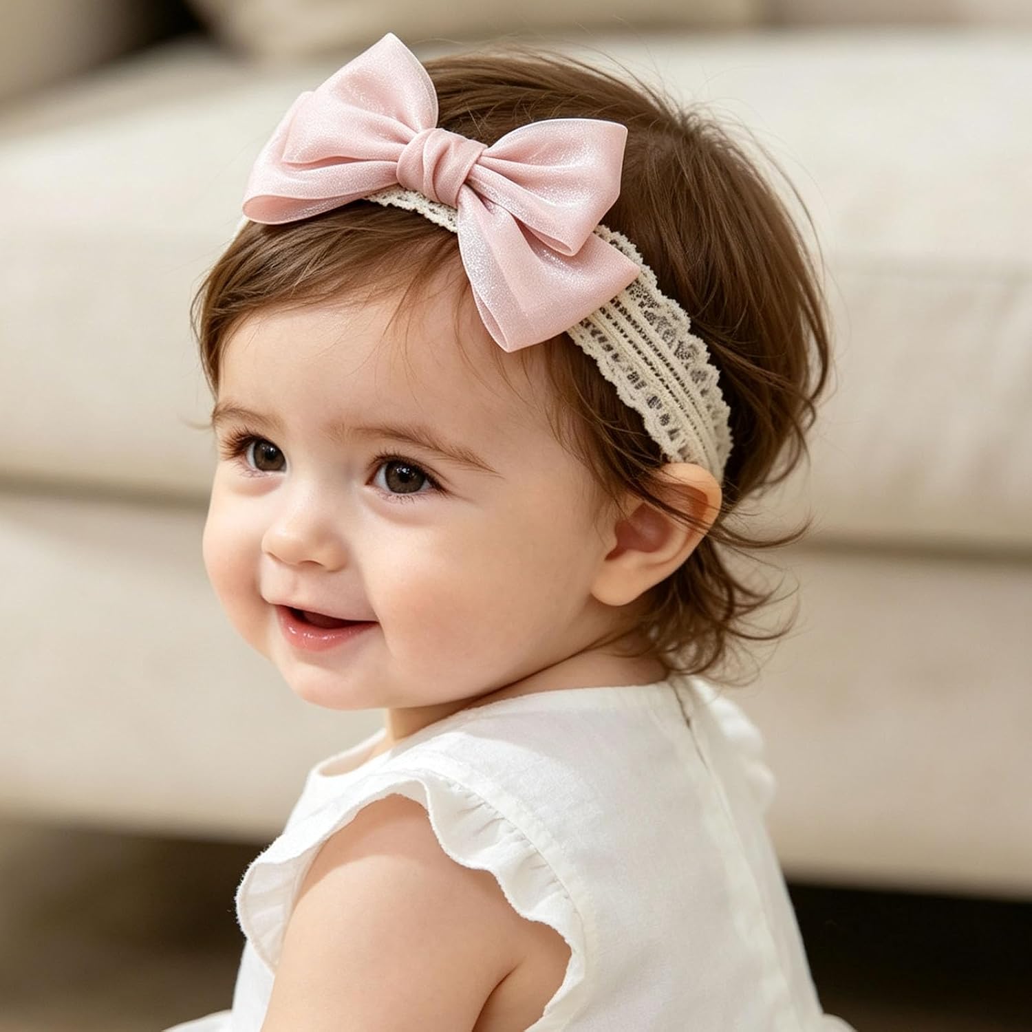 Lace Bow Baby Girl Headband Cute Gauze Bow-Knot Hair Band Soft Tulle Elastic Headband Baby Shower Birthday Party Hair Accessories for Newborn Infant Toddlers (Pink B2) image 2