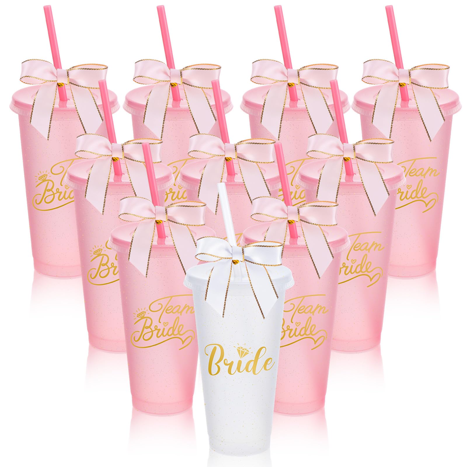 10 Sets Hen Party Cups Hen Do Accessories Bachelorette Party Bride Tribe Plastic Cups with Bow Lids Straws 24oz Glitter Reusable for Bridal Shower Engagement Party Bachelorette Women