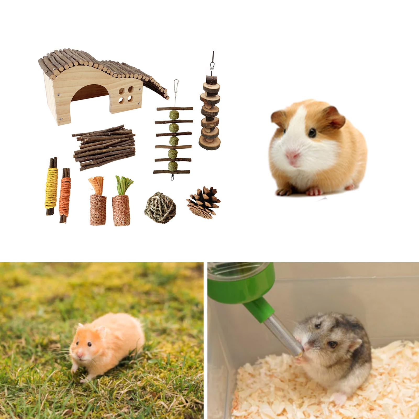 10-teiliges Habitat Set für Hamster, Kauspielzeug, Käfighaus, Spielzeug, Rattanball, bissfest, Kaninchen für Kleintiere, Meerschweinchen, Langeweile