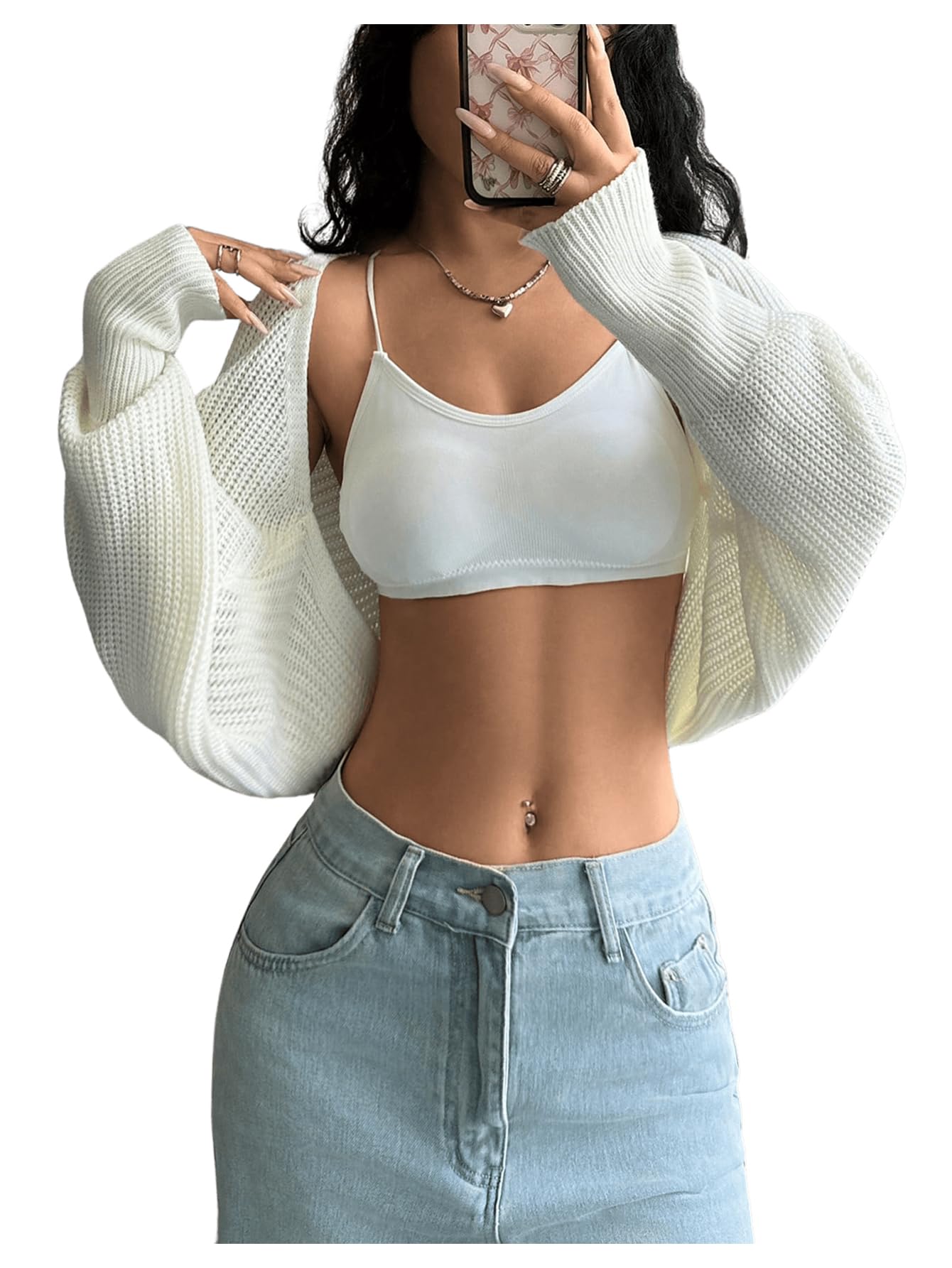 Milumia Womens Crochet Bolero Shrug Top Y2k Long Sleeve Drop Shoulder Crop Cardigan